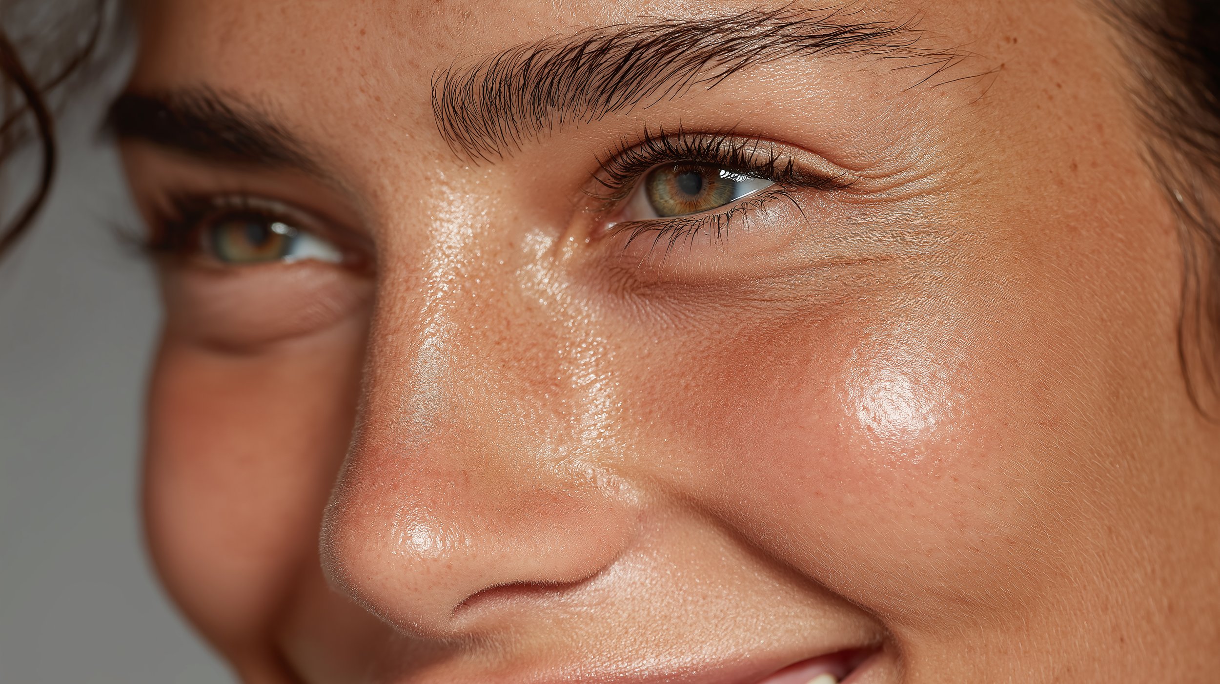 Close-up of a smiling woman's face, showing her green eyes, brown eyebrows, and smooth, slightly dewy skin.