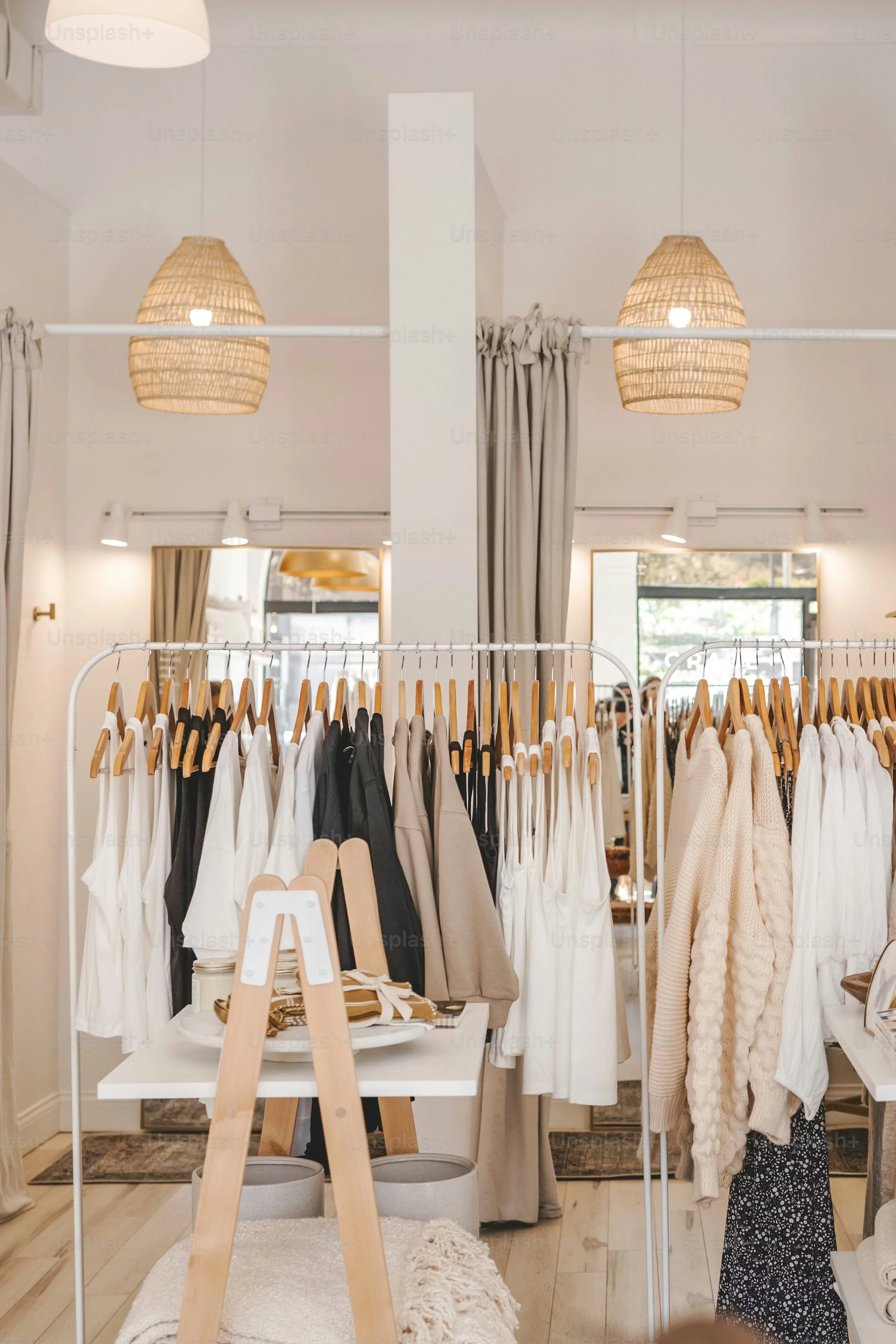 Display of clothing on racks in a boutique or store with hanging fabrics and a table showcasing accessories, reflected mirror windows, and ceiling lights.