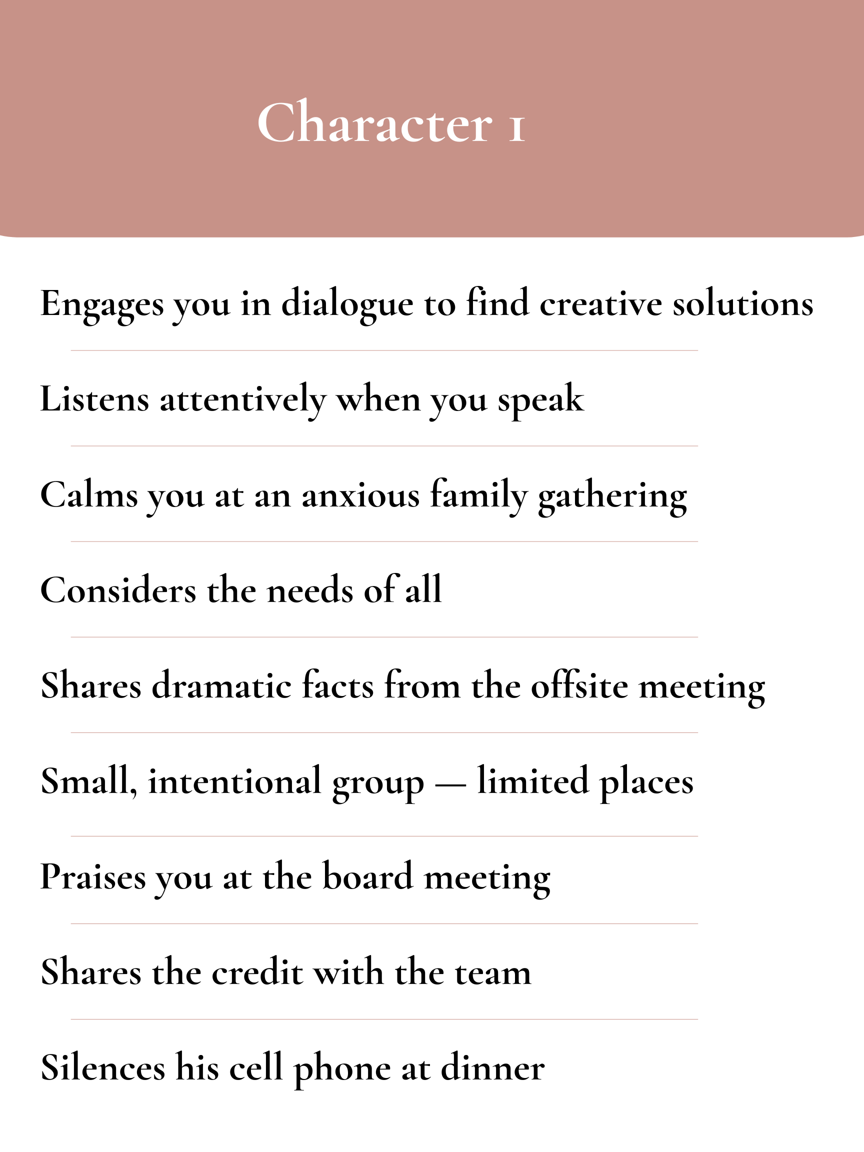 A list of characteristics and behaviors related to effective communication and leadership, including dialogue, attentive listening, empathy, sharing past experiences, and maintaining focus during meetings.