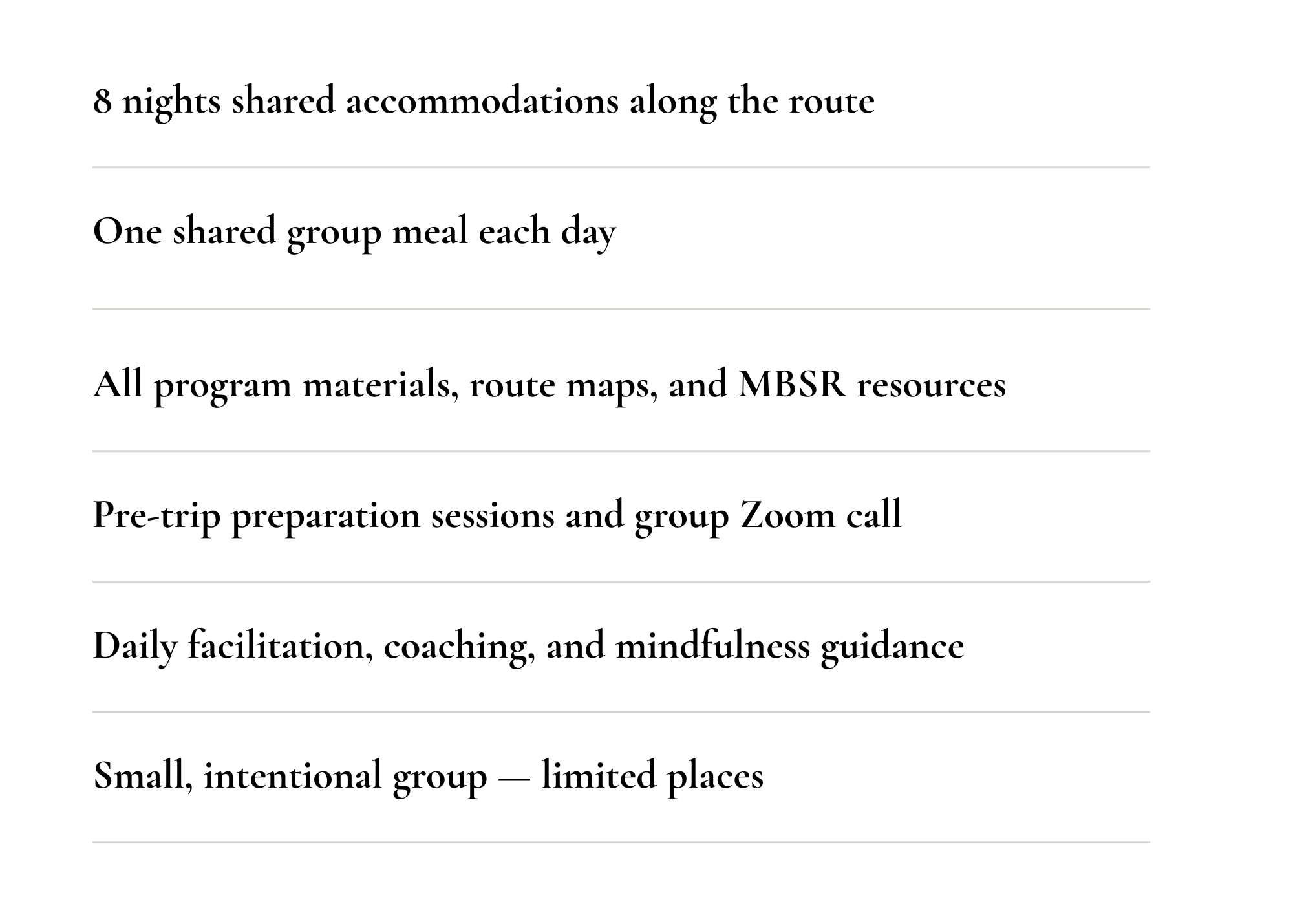 A detailed schedule or itinerary outlining arrangements and activities, including accommodations, meals, program materials, pre-trip sessions, facilitation, and small group details.