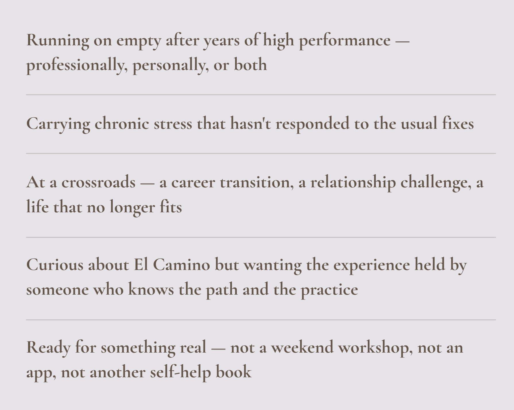 A webpage with text discussing running on empty after high performance, carrying chronic stress, navigating career crossroads, curiosity about El Camino, and readiness for real self-help.