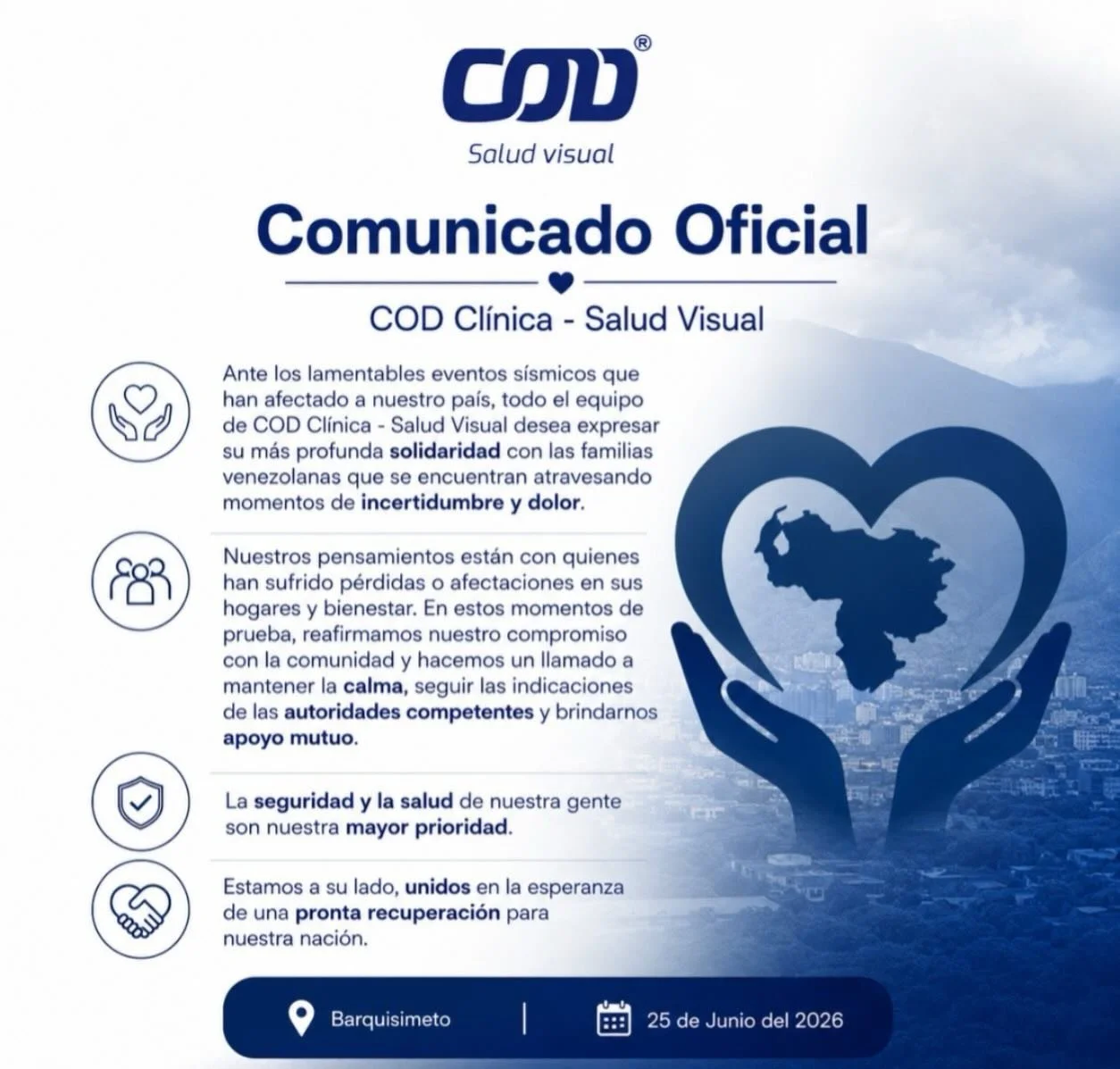 Venezuela somos parte de ti. 🇻🇪 COD se solidariza con Todos los estados afectados por el terremoto. Estaremos a trav&eacute;s de nuestras redes recibiendo preguntas, sobre dudas Oftalmologicas que se puedan presentar en este momento.