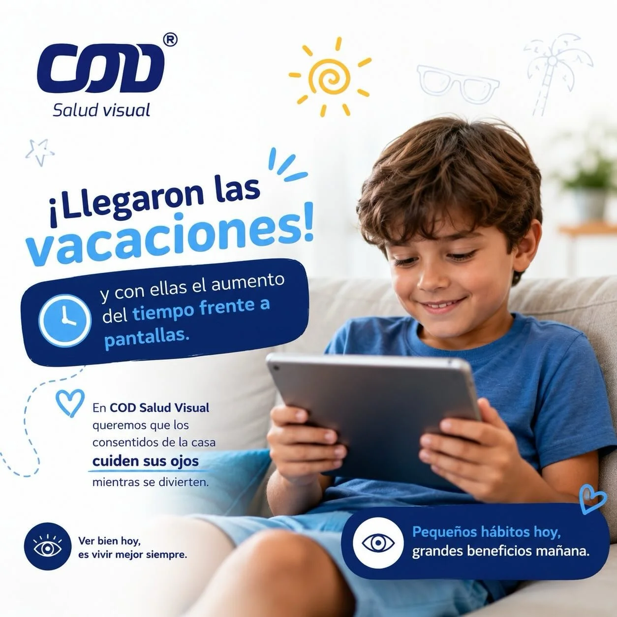 &iexcl;Llegaron las vacaciones y con ellas el aumento del tiempo frente a pantallas! 📱💻 Sabemos que es un momento de relax, pero en COD Salud Visual queremos que los consentidos de la casa cuiden sus ojos mientras se divierten.

El uso prolongado d