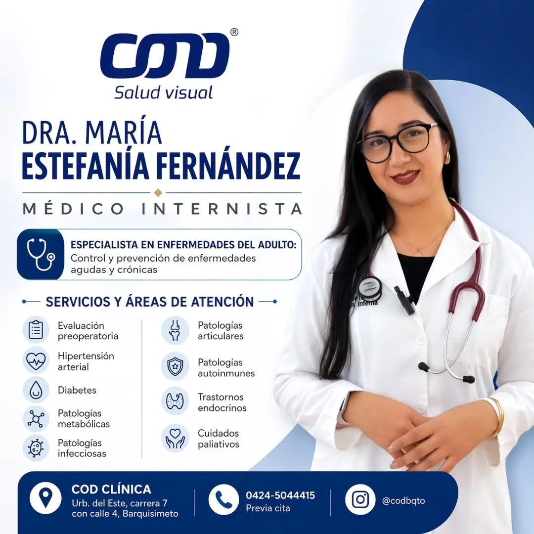 COD creciendo con nuevas especialidades. 

Bienvenida, Dra Mar&iacute;a Estefan&iacute;a Fern&aacute;ndez
M&eacute;dico internista. 

Control y prevenci&oacute;n de enfermedades agudas y cr&oacute;nicas del adulto. 

Somos COD Salud Visual, con un eq