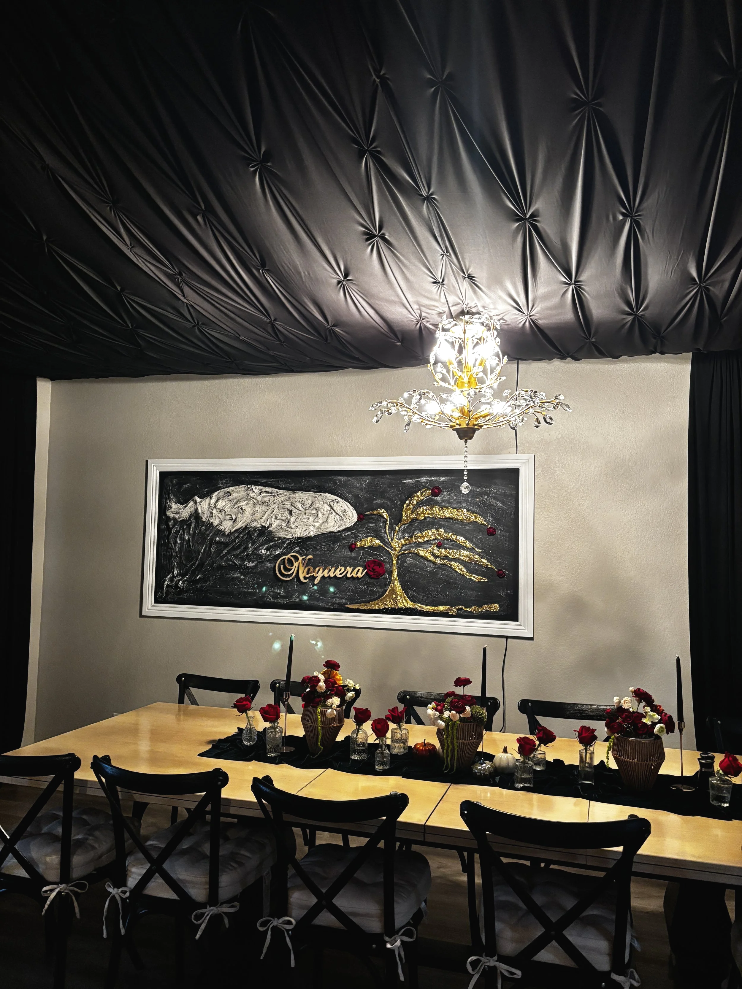 Luxury ceiling draping installation for wedding reception in Phoenix Arizona by Eveliel Draping.