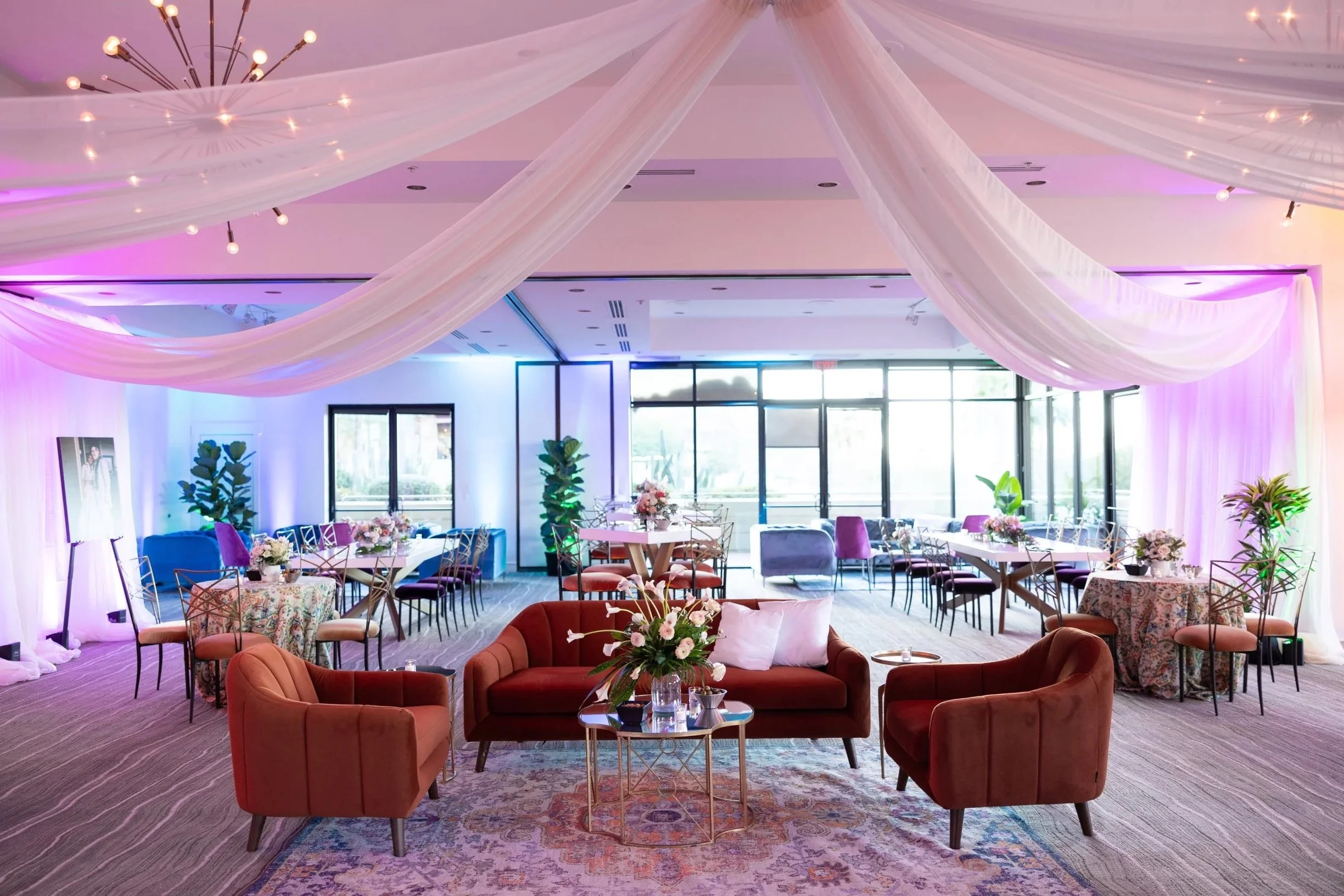 Luxury ceiling draping installation for wedding reception in Phoenix Arizona by Eveliel Draping.