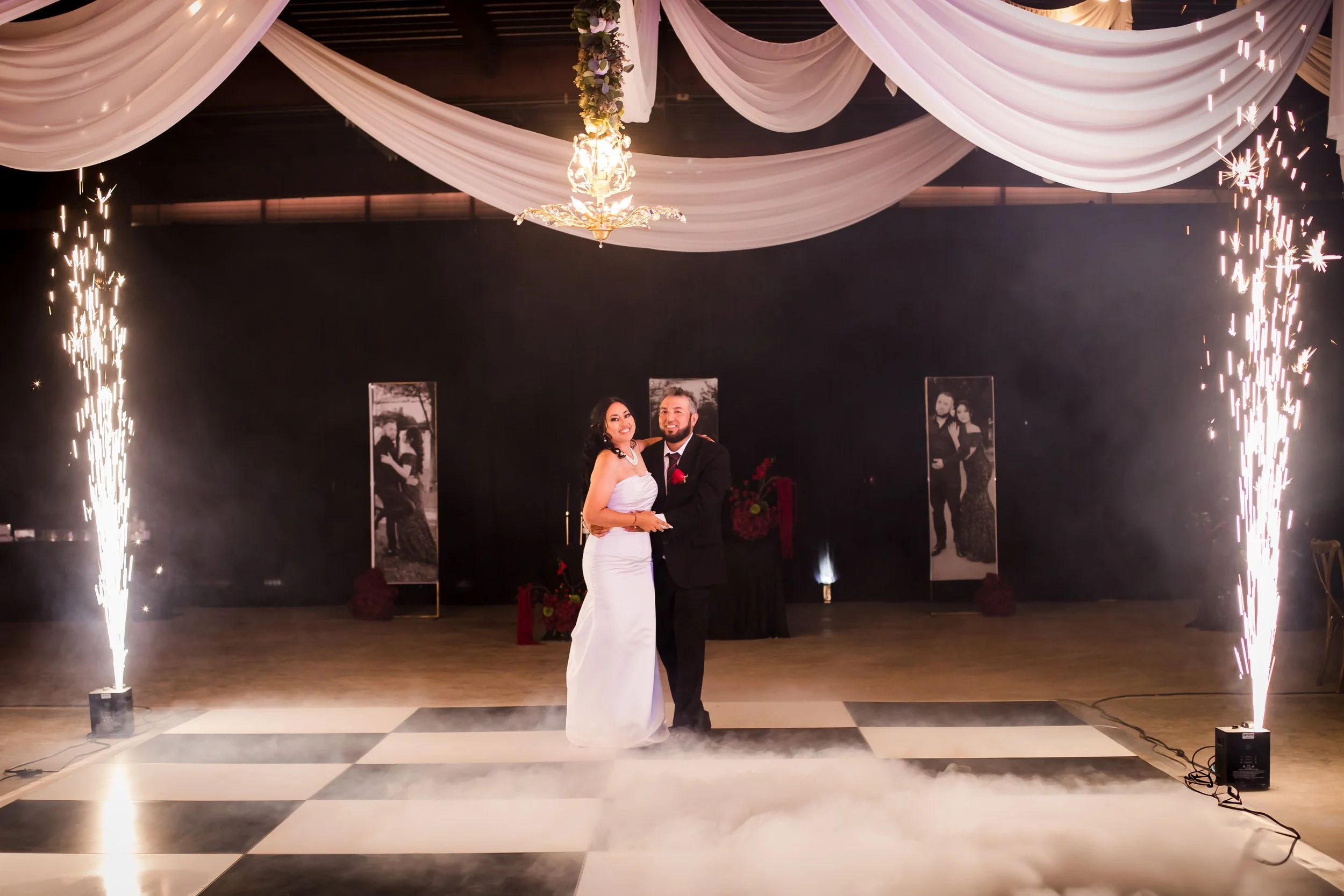 Luxury ceiling draping installation for wedding reception in Phoenix Arizona by Eveliel Draping.