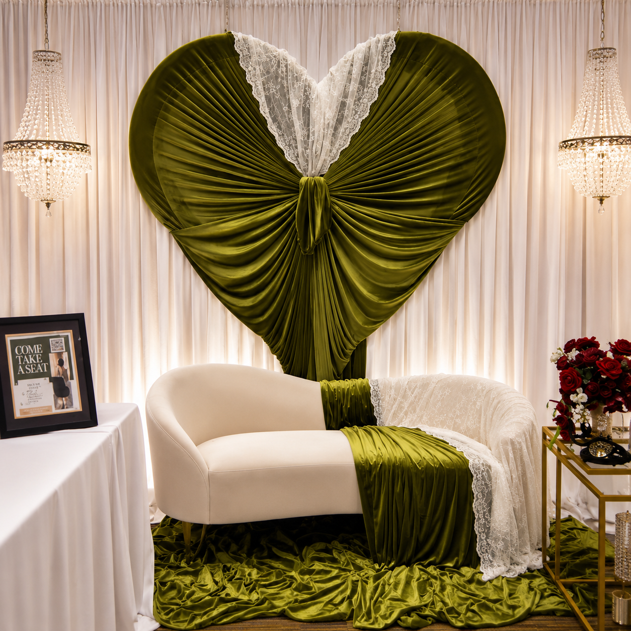 A wedding or special event backdrop with a large green heart-shaped fabric art piece with lace details, chandeliers, a white sofa with green fabric draped, and a bouquet of red roses on a side table.