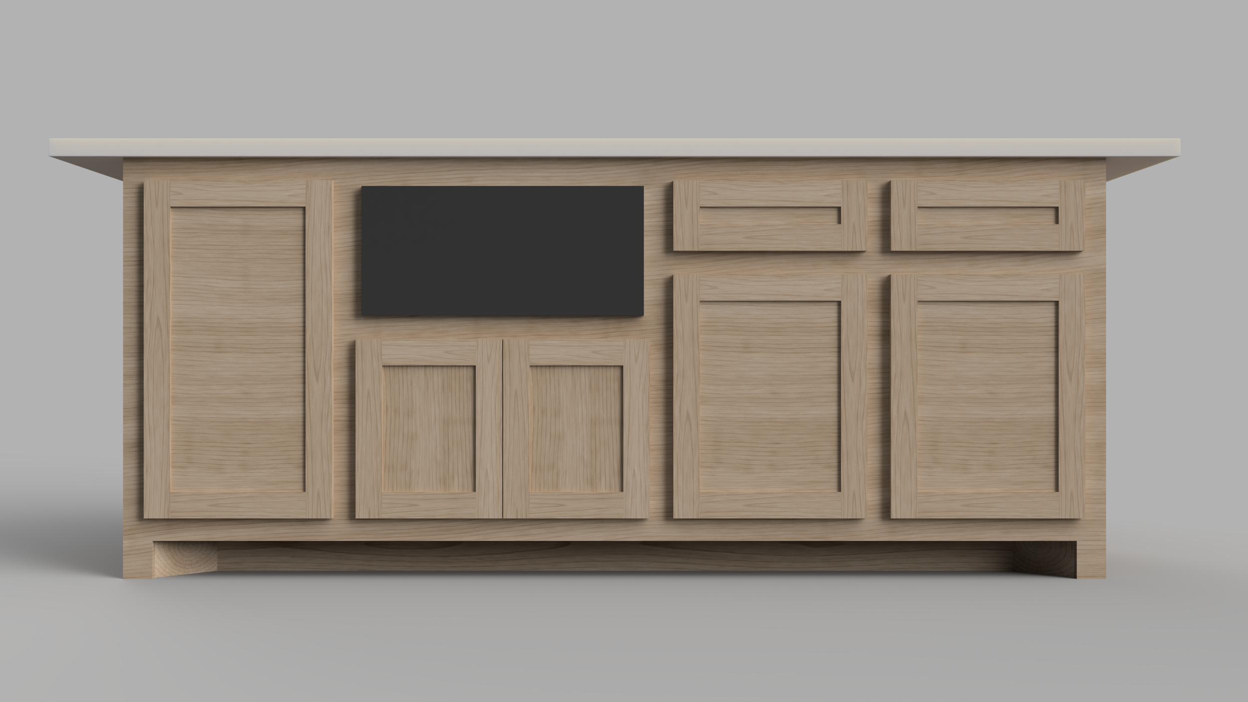 Wooden cabinet with multiple drawers and a black chalkboard on the front, set against a plain gray background.