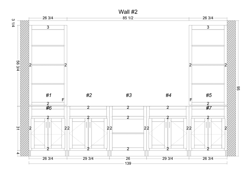 A detailed blueprint of a built-in kitchen wall featuring upper and lower cabinets, with dimensions and labels for each section.