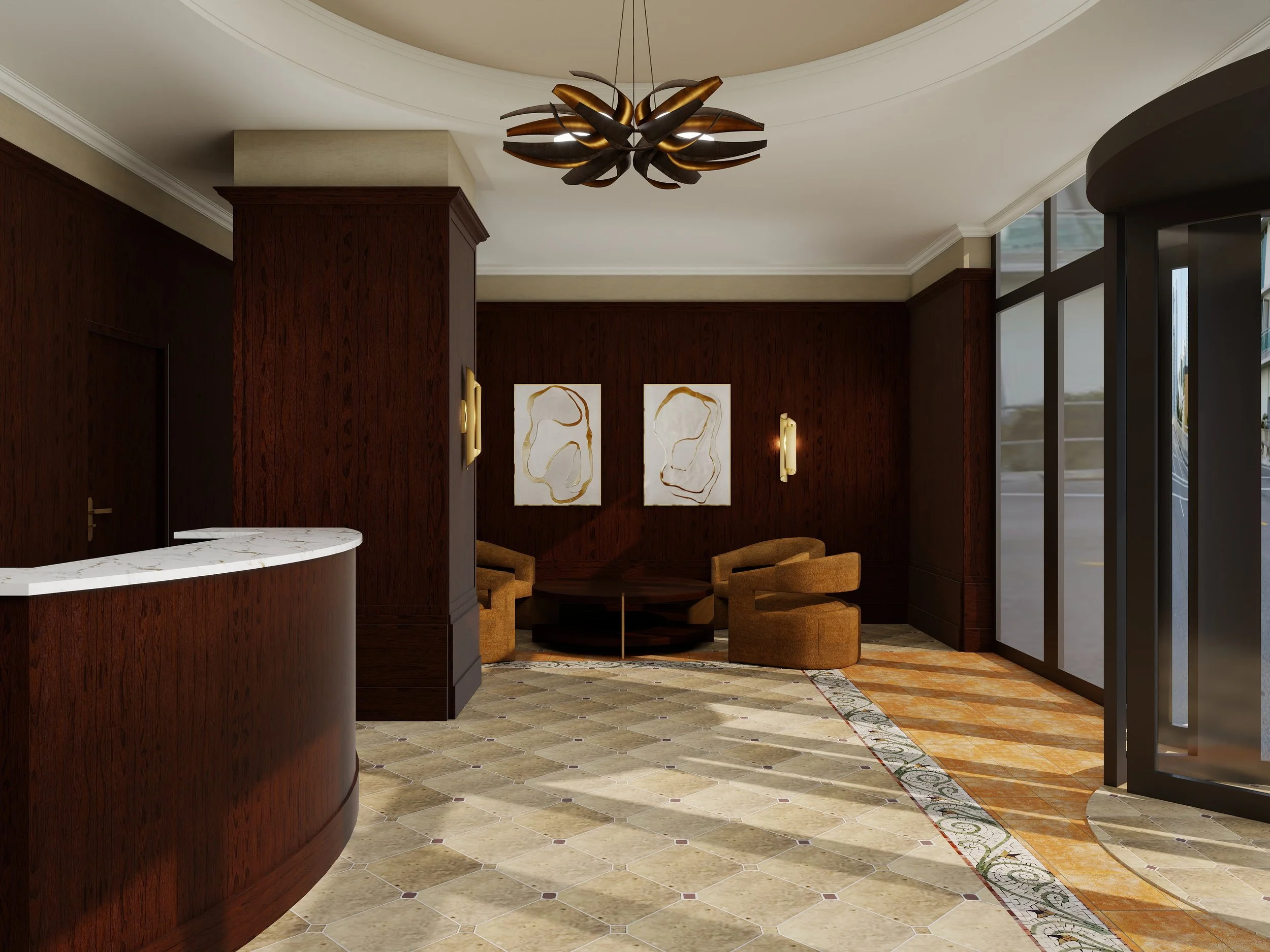Interior of a room with a modern chandelier, dark wood panel walls, abstract wall art, a curved marble reception desk, and patterned tile flooring.