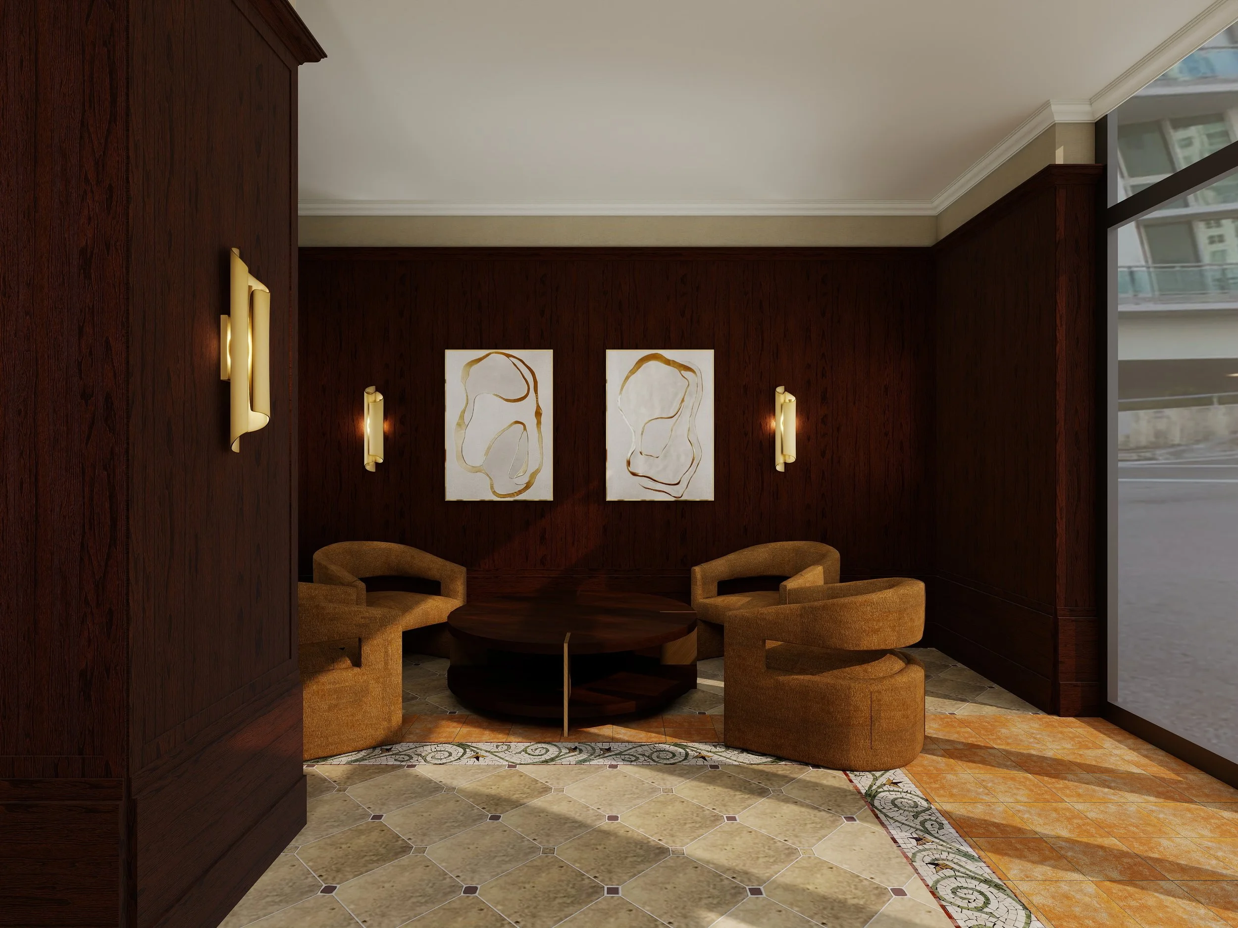 Interior of a room with dark wooden wall paneling, beige and gold abstract artwork, beige upholstered chairs, a dark wooden round table, and a large window showing a cityscape.