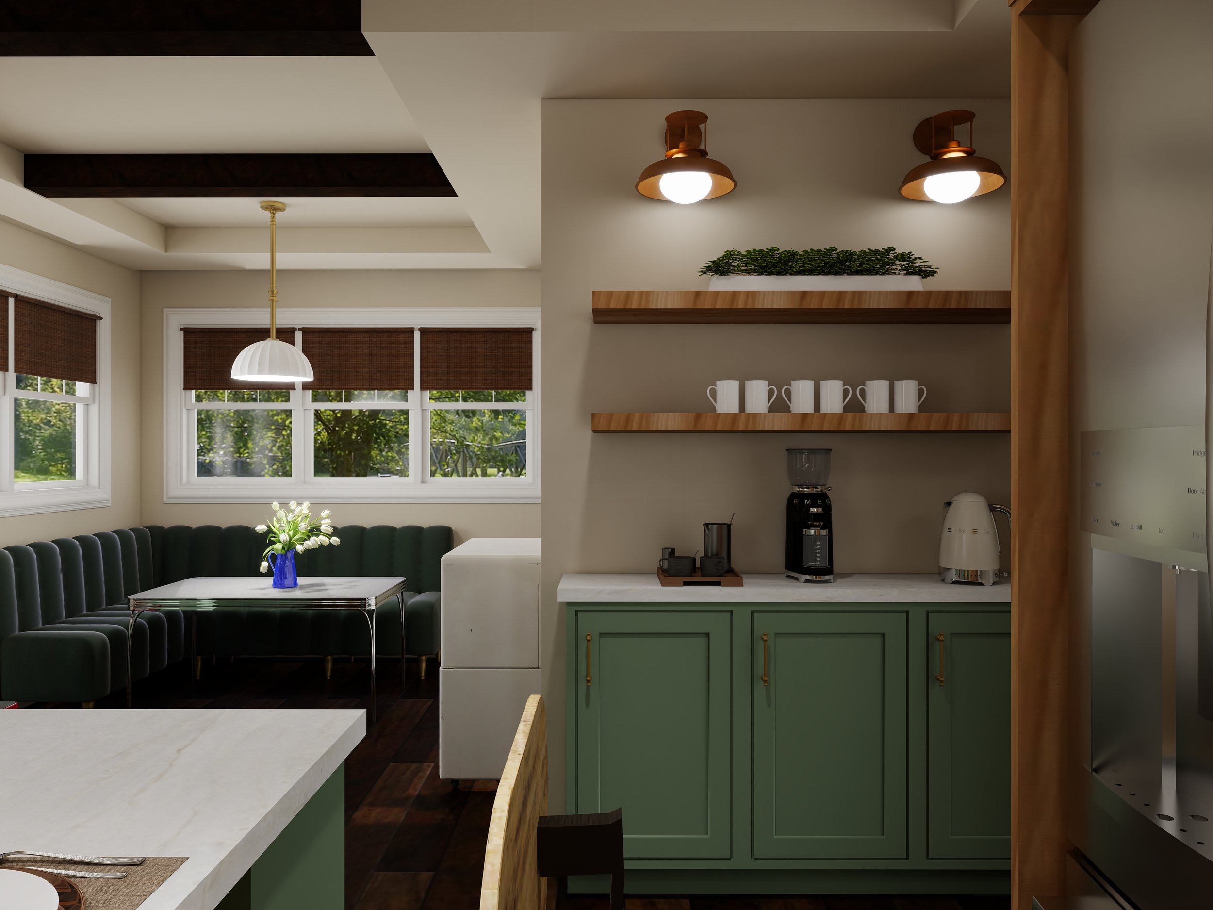Interior of a modern kitchen and dining area with windows, green cabinets, and decorative lighting fixtures.