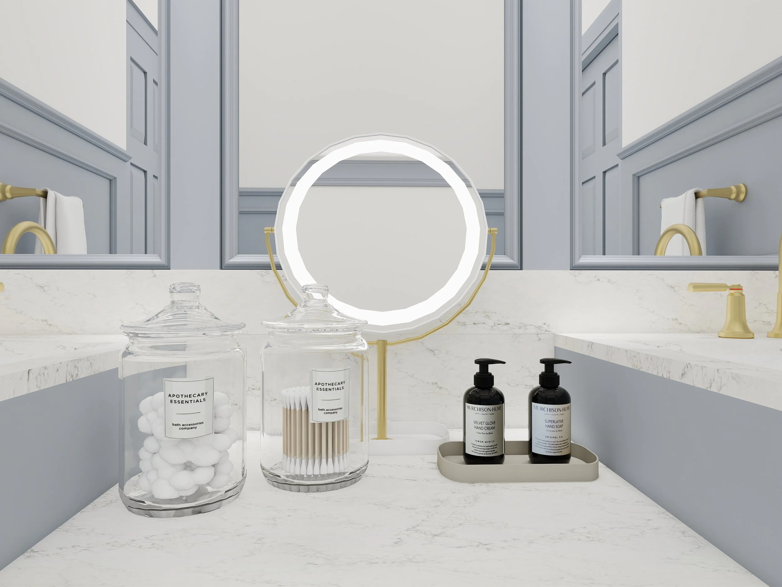 Bathroom countertop with skincare products, cotton balls, and a mirror, with elegant gray and white decor.