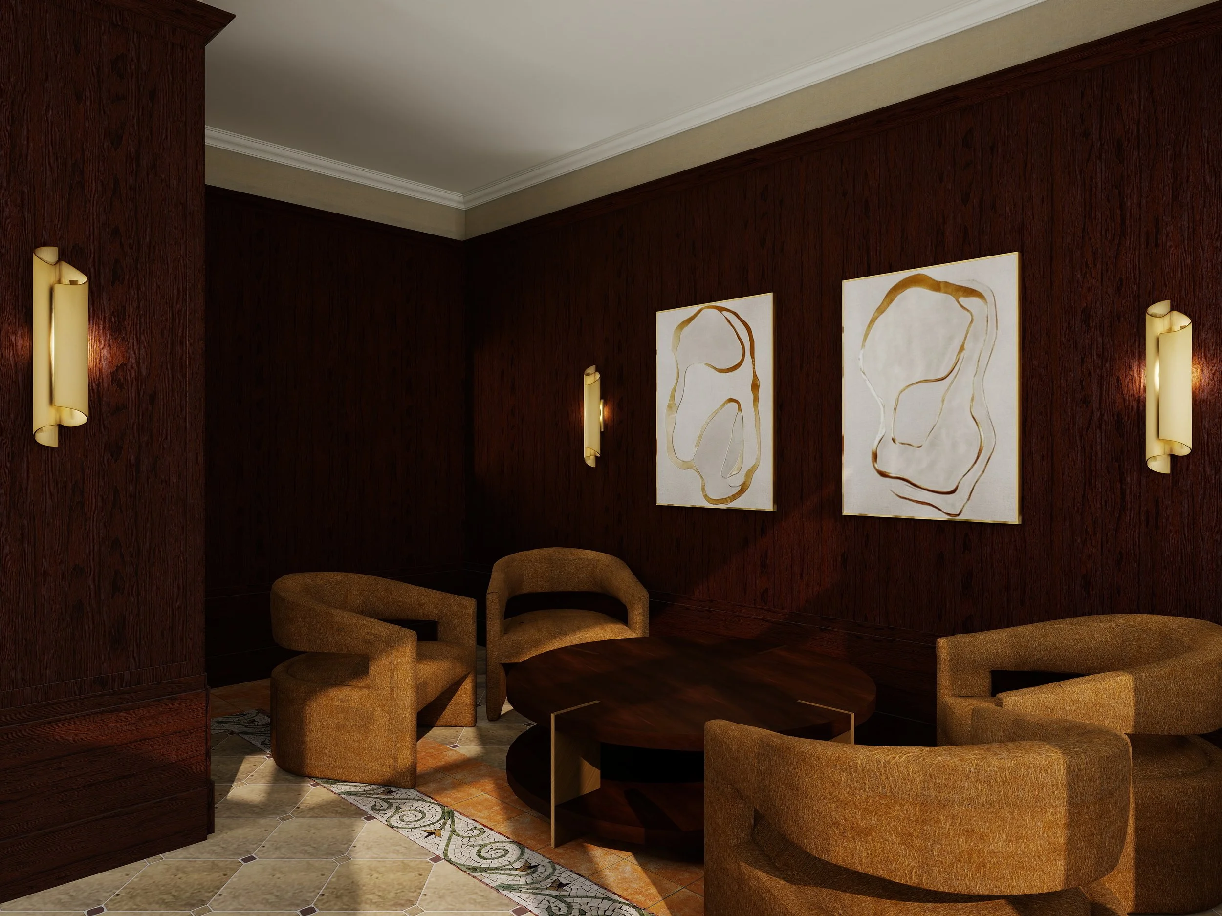 A cozy seating area with three upholstered mustard-colored armchairs arranged in a circle around a dark wooden round table. The background features a dark wood-paneled wall decorated with two abstract line art paintings framed in gold. The wall is il