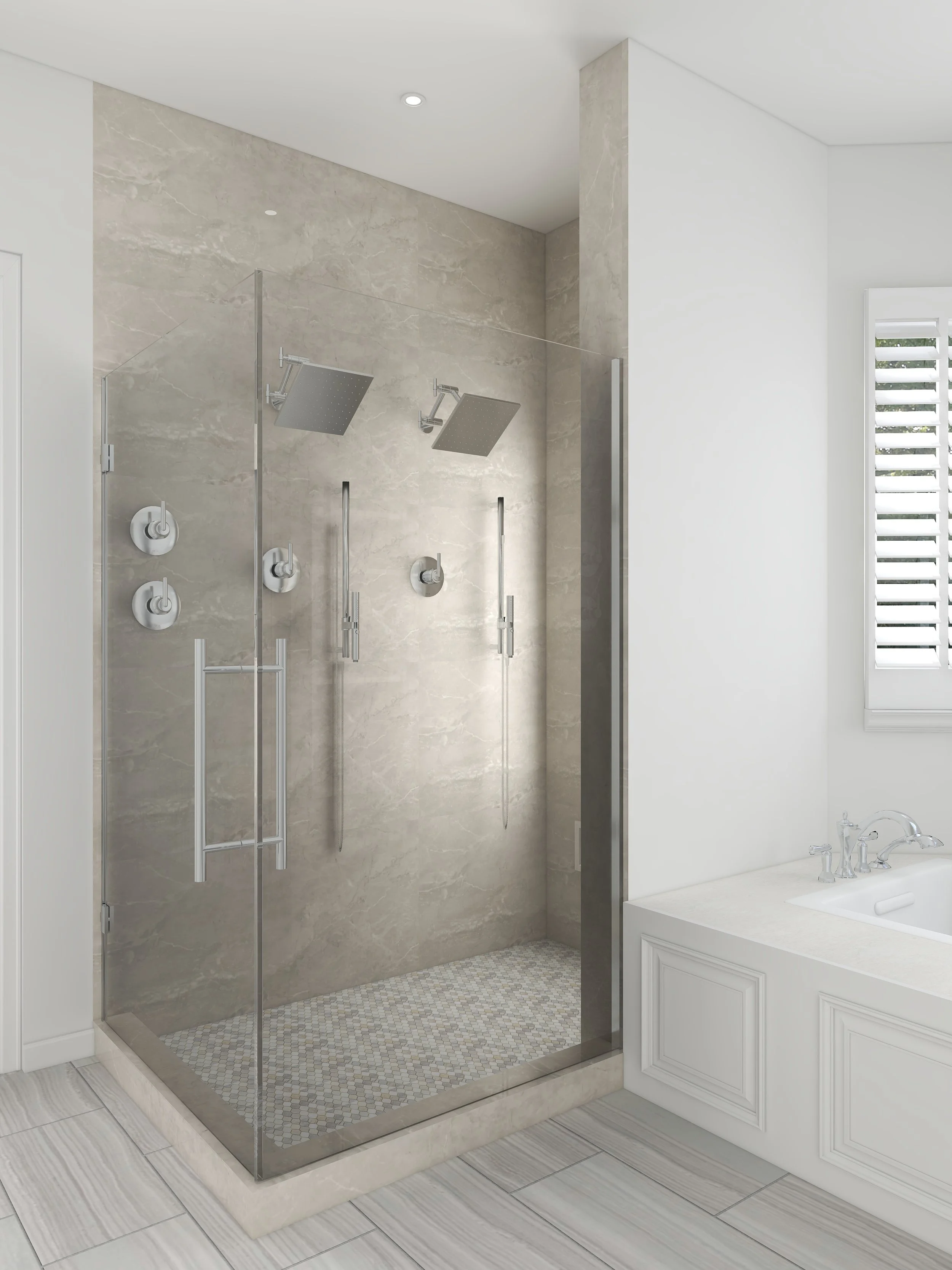 Modern bathroom with a glass shower enclosure, two rainfall showerheads, and white cabinetry with a sink and faucet.