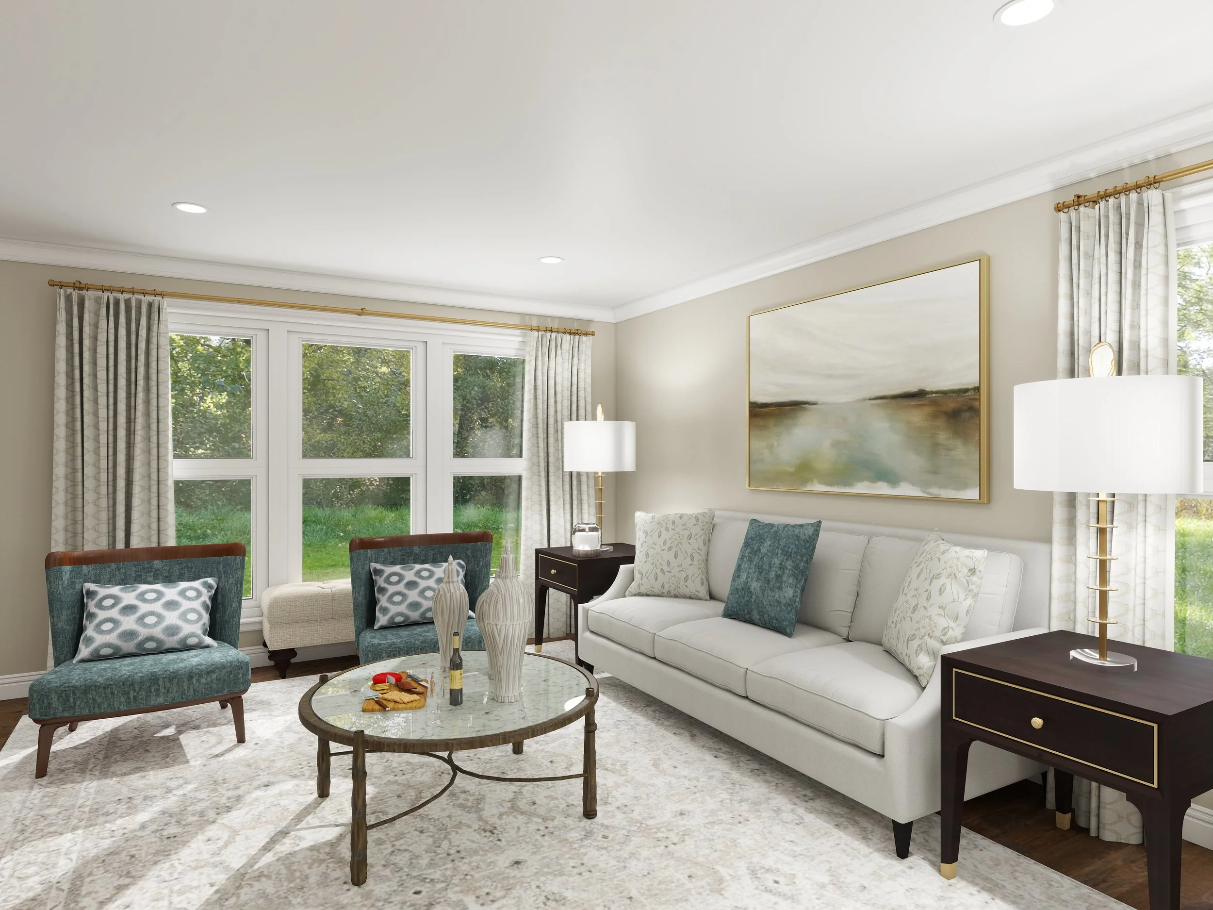 A modern living room with a white sofa and teal armchairs, a marble coffee table, a large wall art piece, and large windows with patterned curtains overlooking a green yard.
