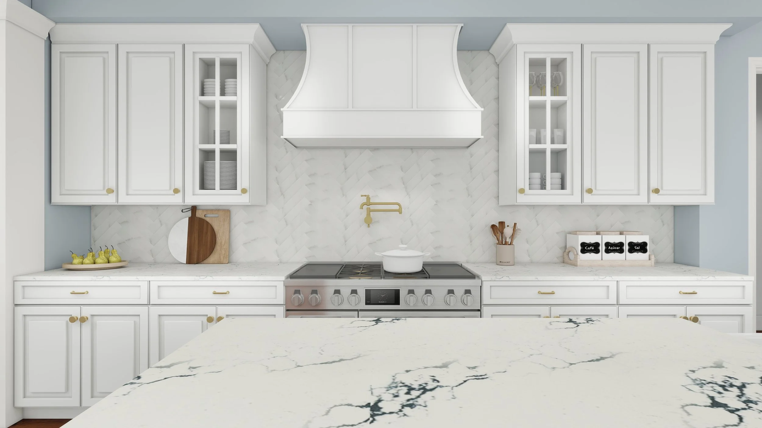 Modern white kitchen with marble countertop, gold accents, open shelving with dishes, and a stove with a white pot.