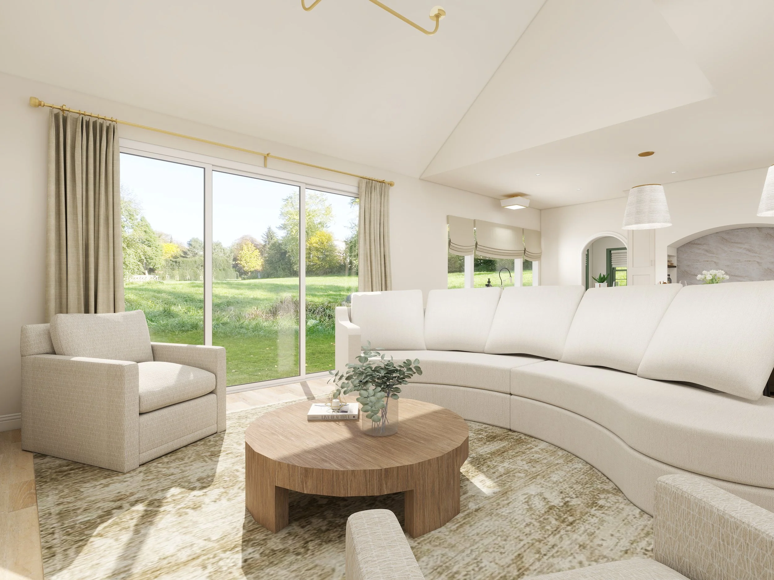 Living room with cream-colored sofa and armchair, wooden coffee table with a plant and books, large windows showing green outdoor scenery, beige curtains, and modern lighting fixtures.