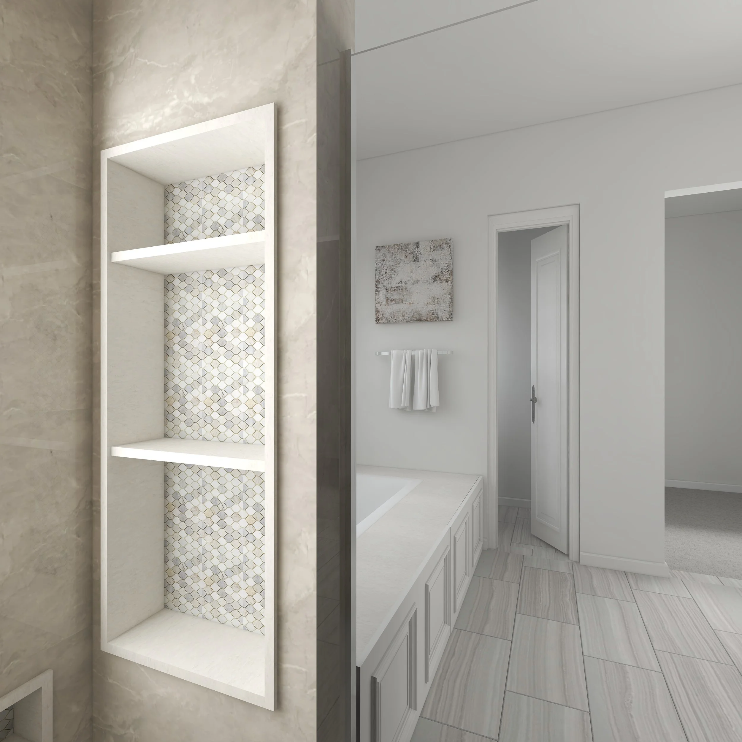 A comparison of bathroom designs featuring a beige marble shower with a built-in shelf and a playful hexagonal tile pattern, contrasted with a sleek, modern bathroom with light gray wall tiles, white cabinetry, and a towel hanging on a hook.