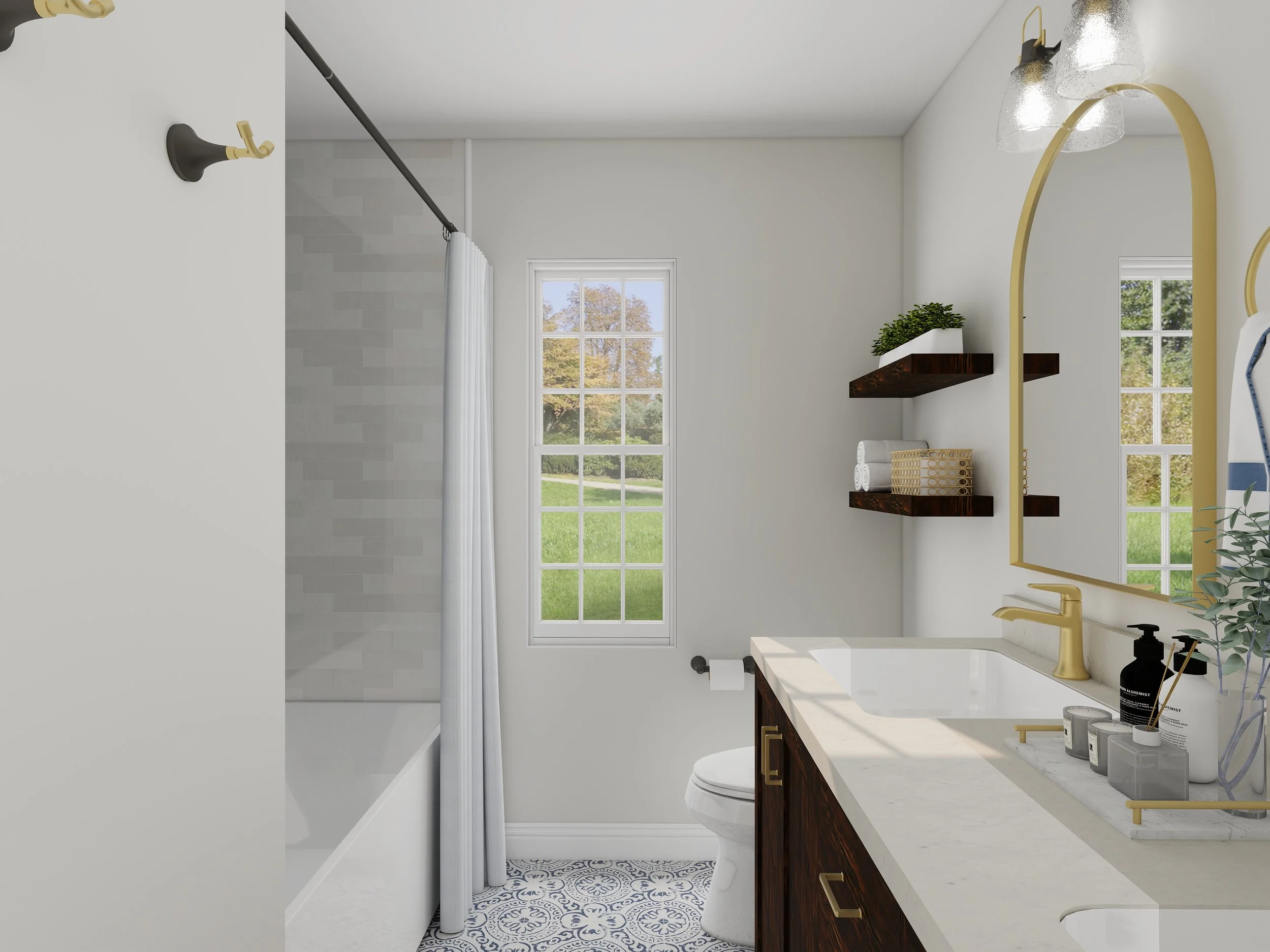 Modern bathroom with window showing outdoor greenery, white walls, dark wood vanity with brass hardware, white countertop, gold faucet, mirror, and wall-mounted light fixtures with clear glass shades. Decor includes green plant, rolled towels, and to