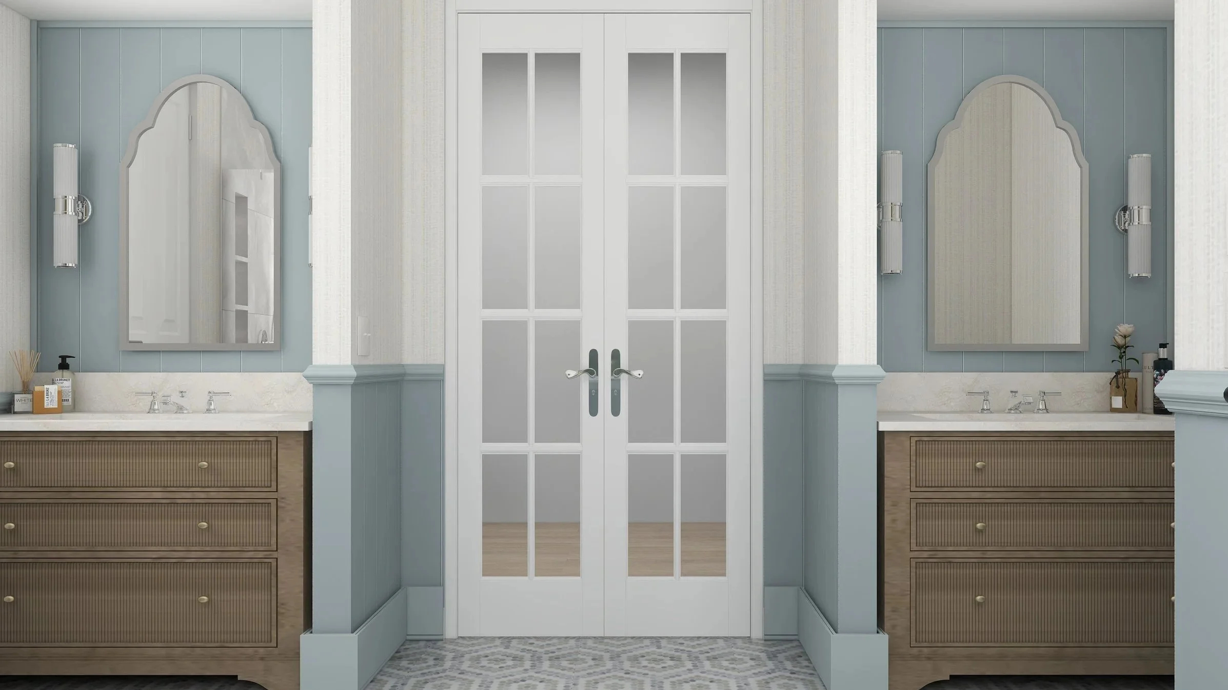 A symmetrical bathroom vanity with two mirrors, two sinks, and decorative wall sconces, featuring a set of double glass doors in the center.