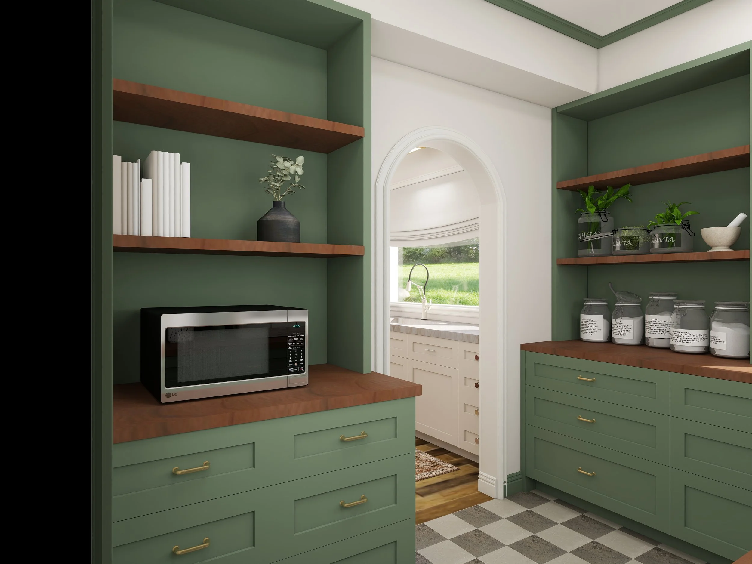 A kitchen with green cabinetry, wooden countertops, and a checkered black and white floor. Open shelves hold decorative jars, plants, and kitchen items. A microwave is on the counter near a doorway leading to a bright room with a garden view.