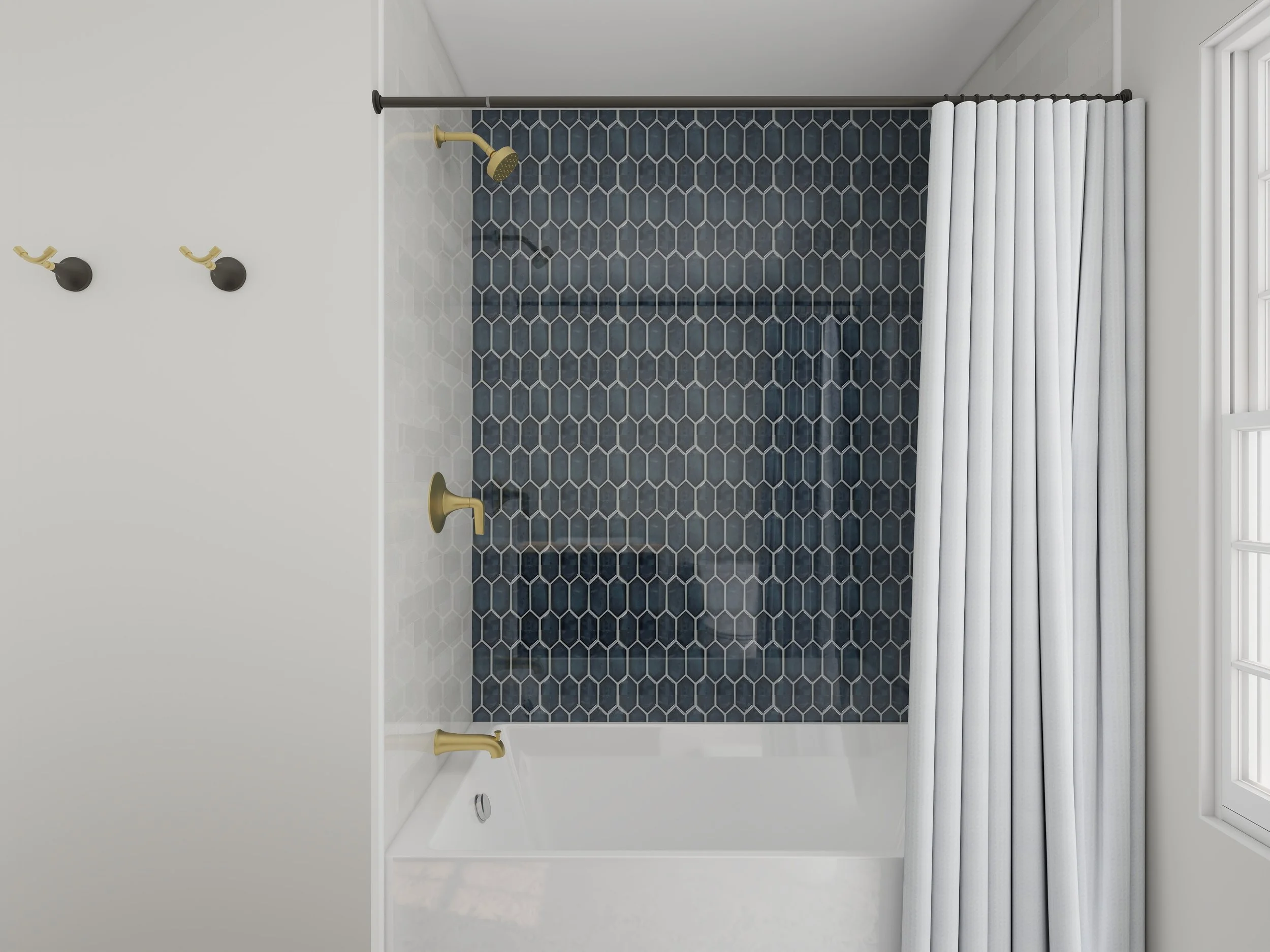 Overhead view of a bathroom shower area with dark hexagonal tiles, a gold showerhead, and a white shower curtain partially open. White walls, two hooks on the wall, and a window with sunlight coming in.