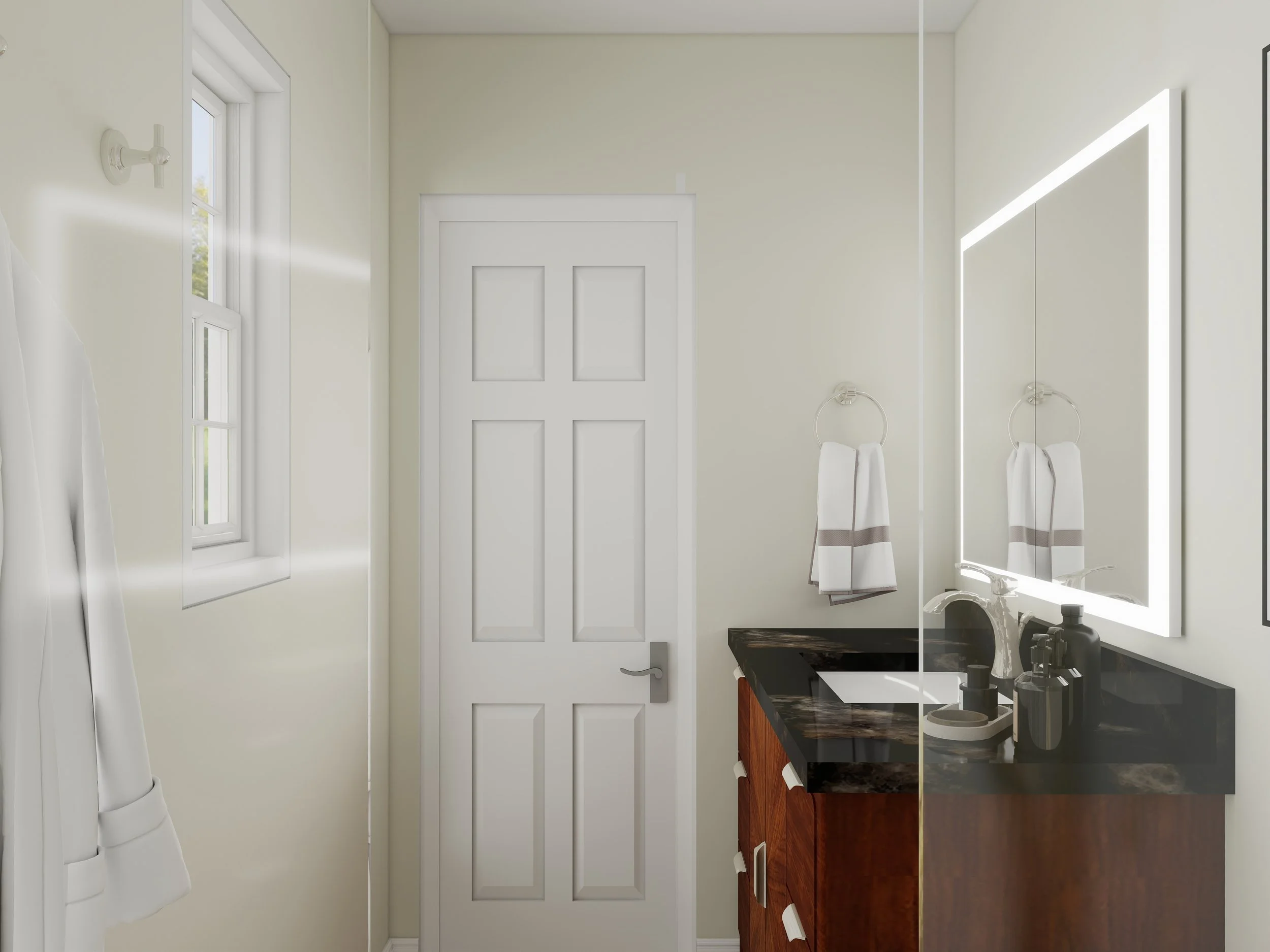 Modern bathroom interior with white walls, a window, a door, a mirror, a black countertop with a sink, and a towel swinging on a ring.