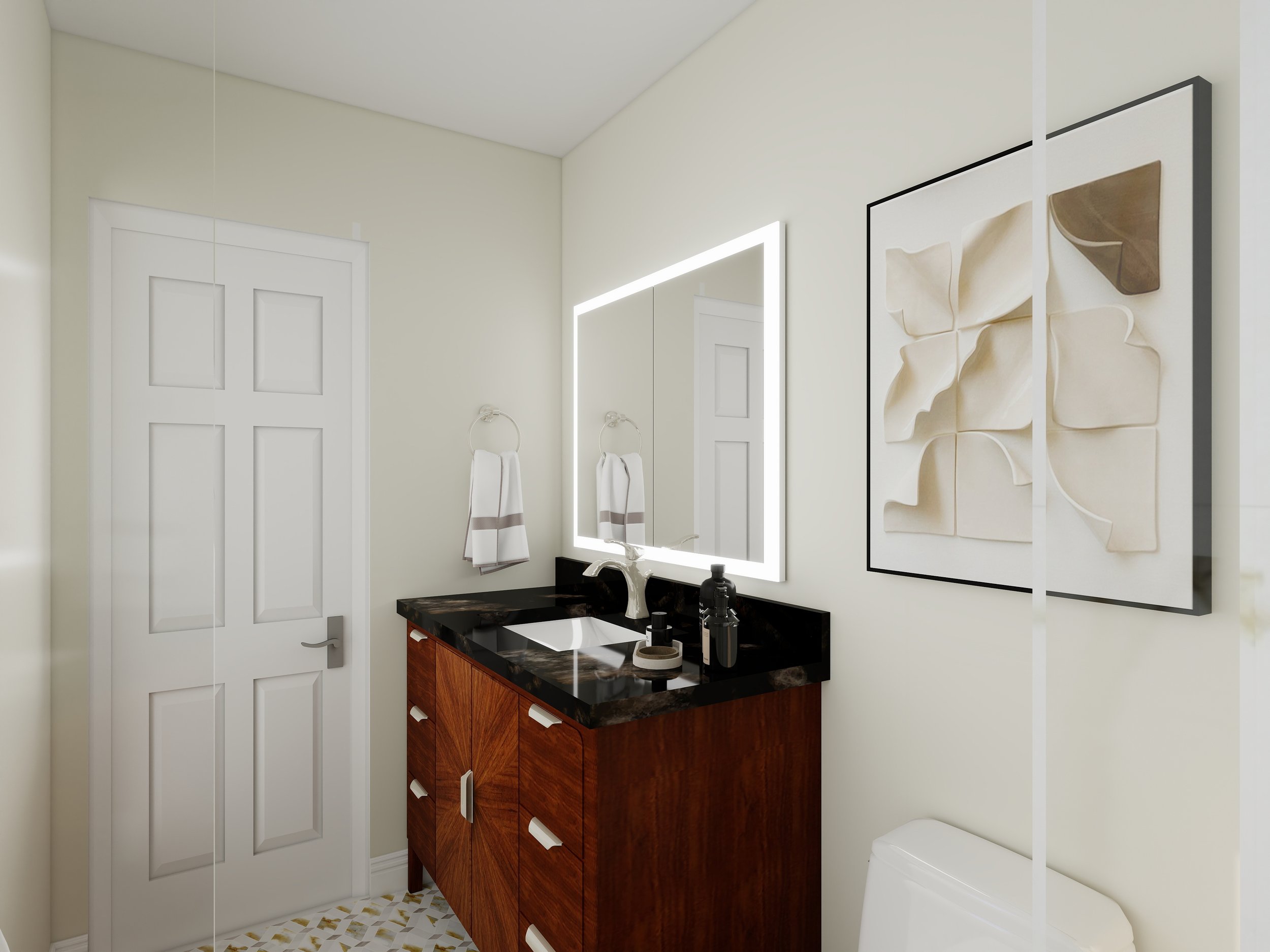 Modern bathroom with a white door, a large mirror with LED lighting, a sink with a curved faucet, a wooden cabinet with white handles, two white towels on metal rings, framed 3D wall art, and a patterned tile floor.