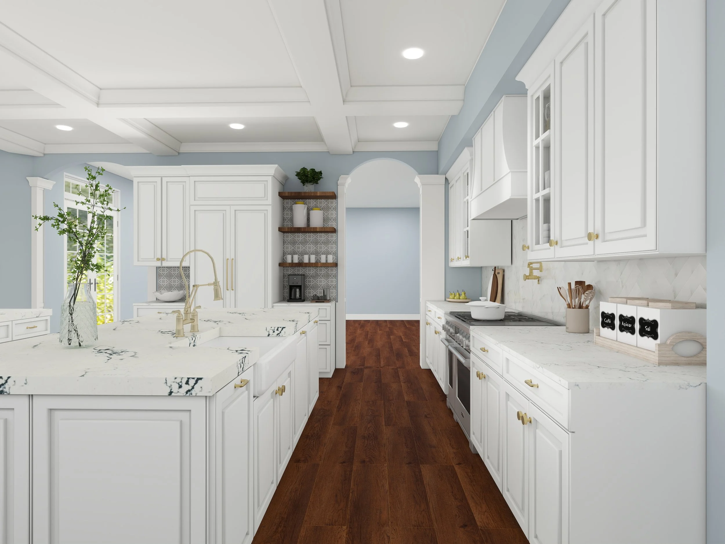 A bright and spacious kitchen with white cabinets, a marble island, and hardwood floors. Blue walls and window with greenery outside. Open shelving with vases, a coffee maker, and kitchen utensils.