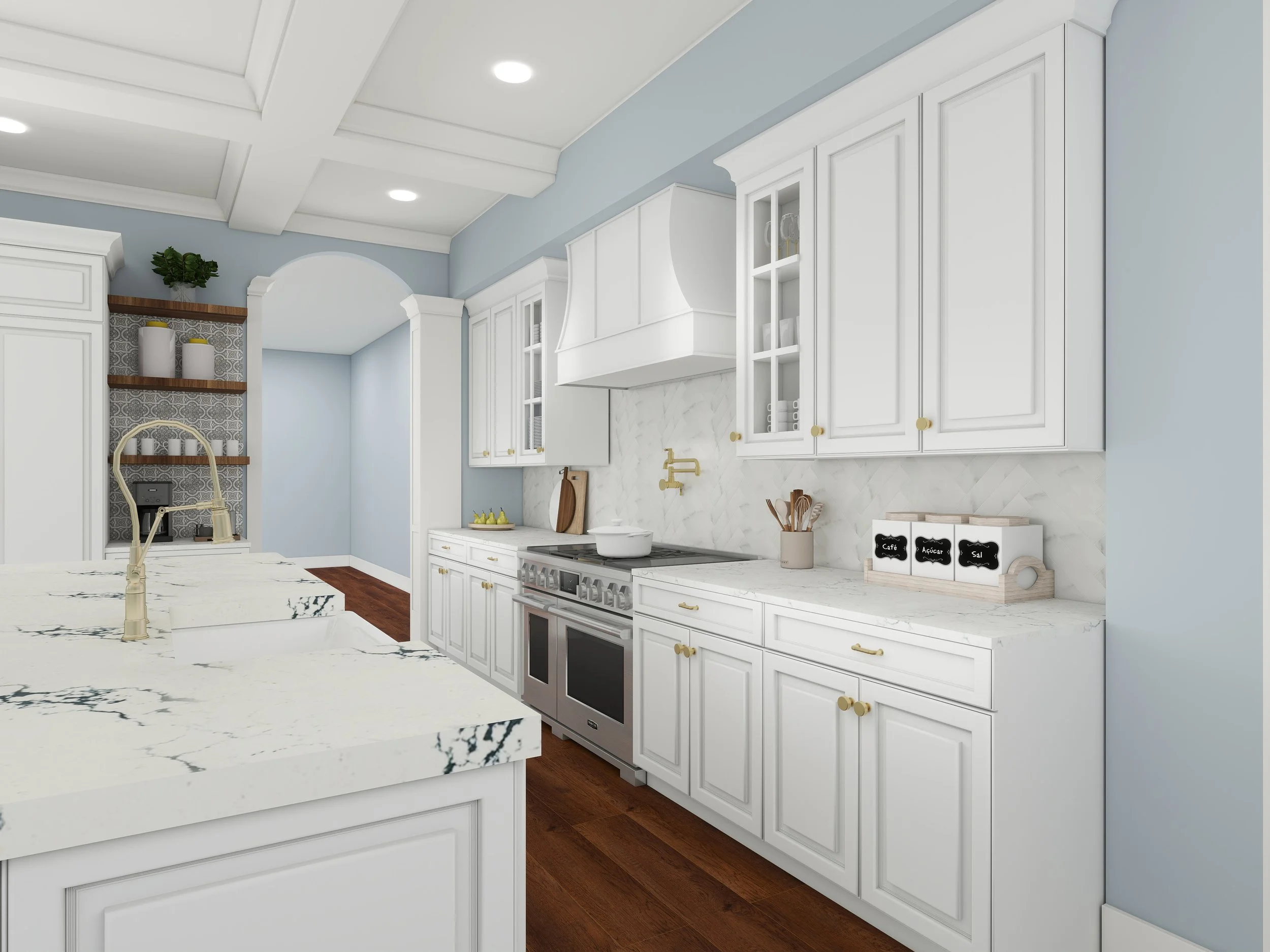White kitchen cabinets with gold handles, marble countertops, and a gold faucet, with a stove and a backsplash with a chevron pattern, above which are clear glass-paneled cabinets, in a light blue wall kitchen with recessed ceiling lights.