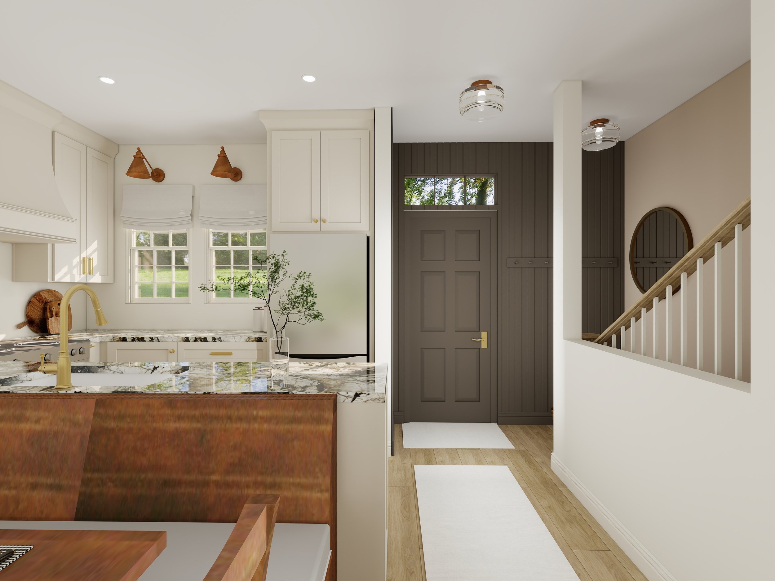 Interior view of a kitchen and entryway with white walls, wooden accents, a black-paneled door, and ceiling lights.
