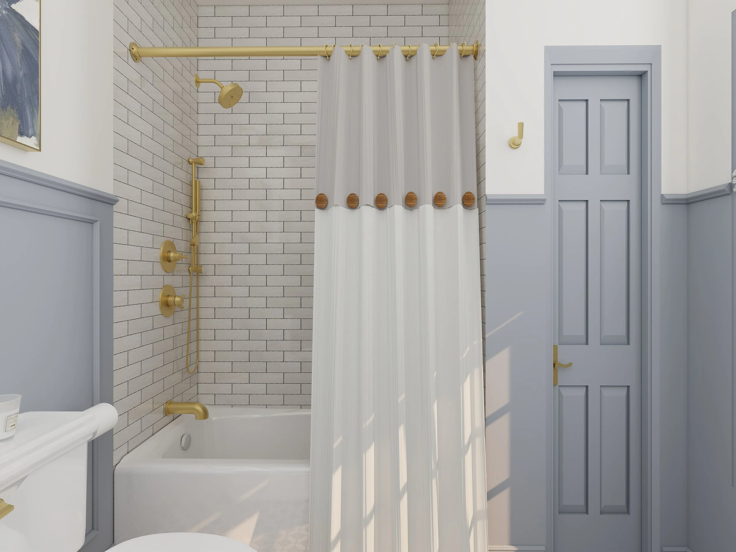 A bathroom with a bathtub, white brick-patterned shower wall, gold fixtures, a shower curtain, and a blue-paneled door.