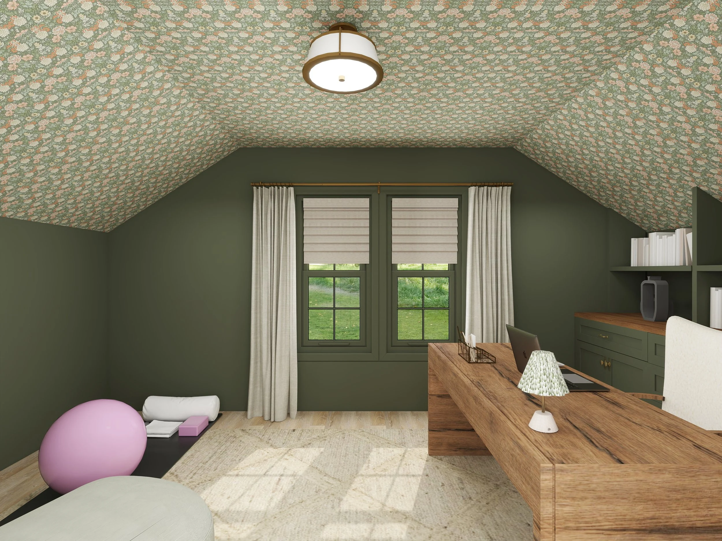 A room with green, pink, and beige walls, a window with white curtains, a wooden table with a decorative lamp, a white chair, and a yoga ball on the floor.