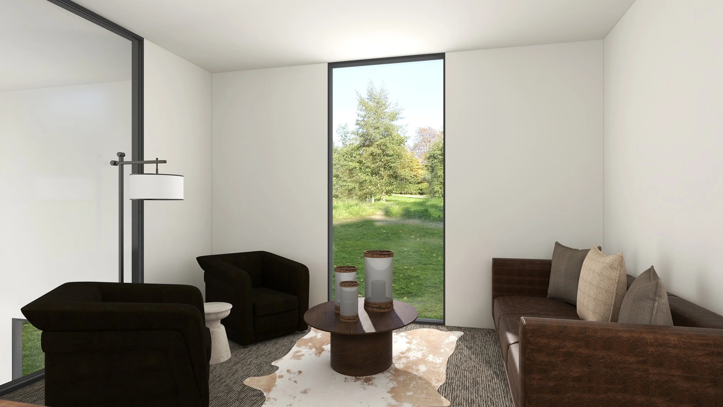 Living room with black and brown seating, a round wooden coffee table with decorative jars, a cowhide rug, and a large window showing green trees outside.