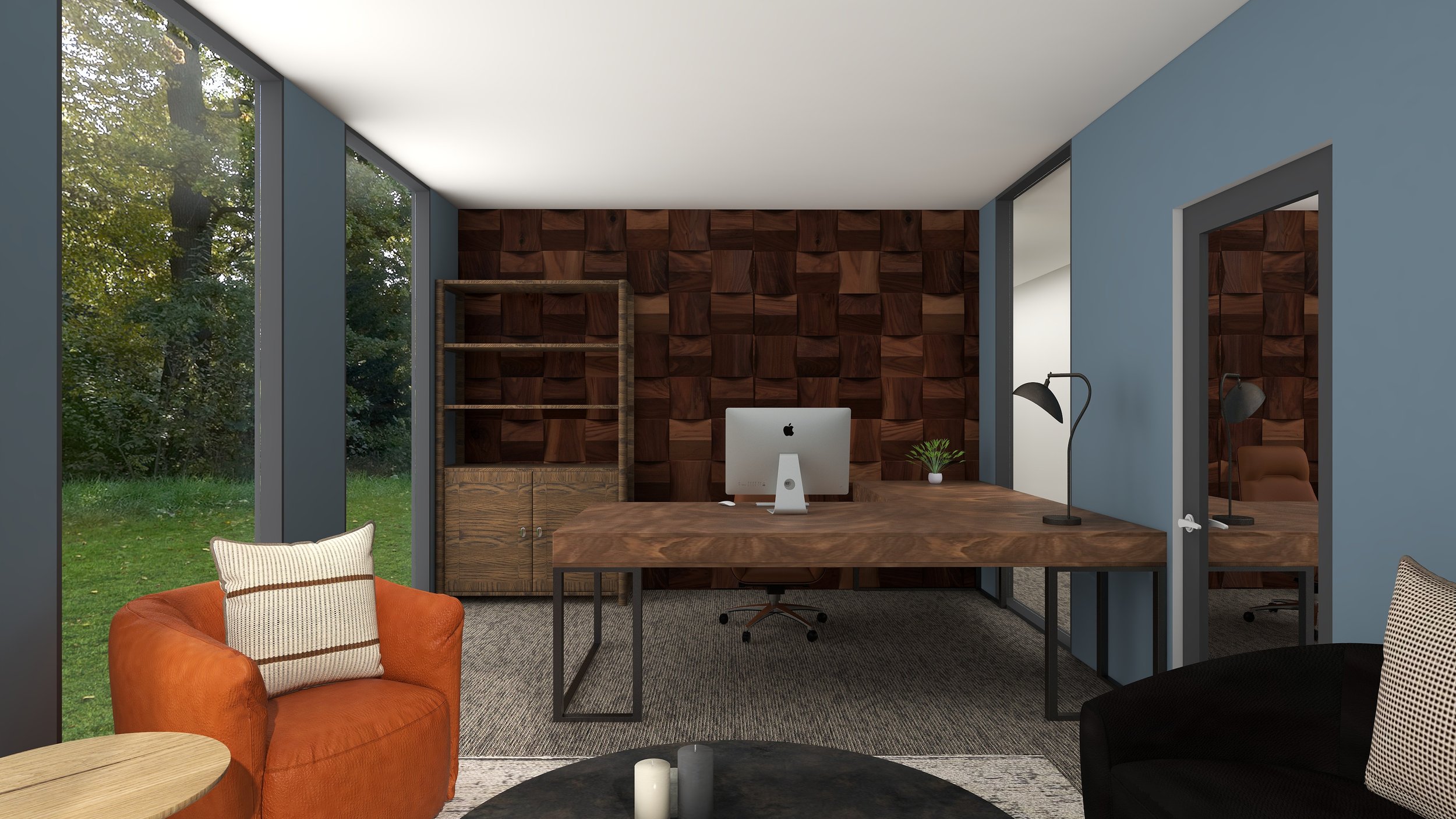 Modern home office with large windows, a wooden desk, an iMac computer, a small potted plant, a bookshelf, and textured wood wall panels.