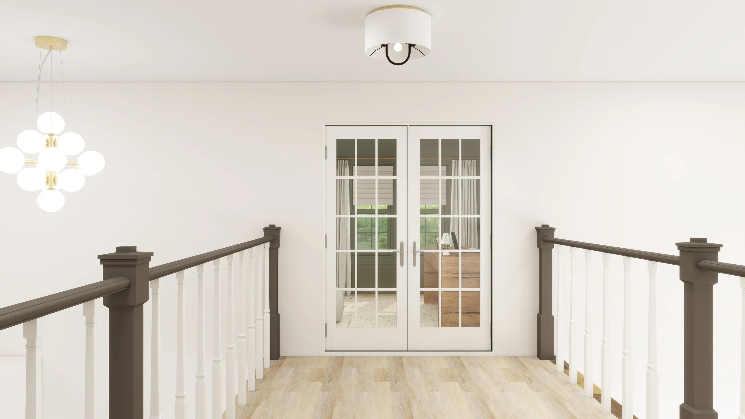 Interior view of a hallway with a wooden railing, white walls, ceiling lights, and double glass doors leading to a room with visible curtains and greenery outside.