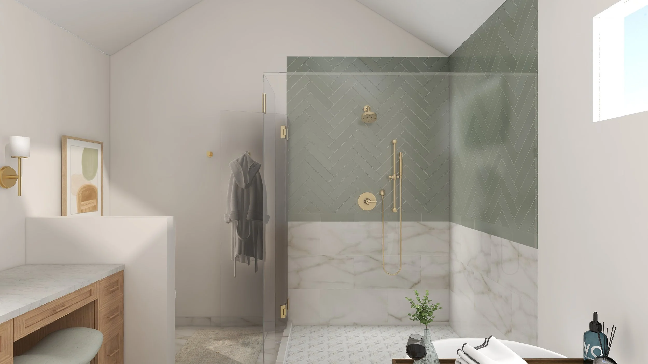 Modern bathroom with white and green tile walls, marble floors, a glass shower enclosure, and minimal decor.
