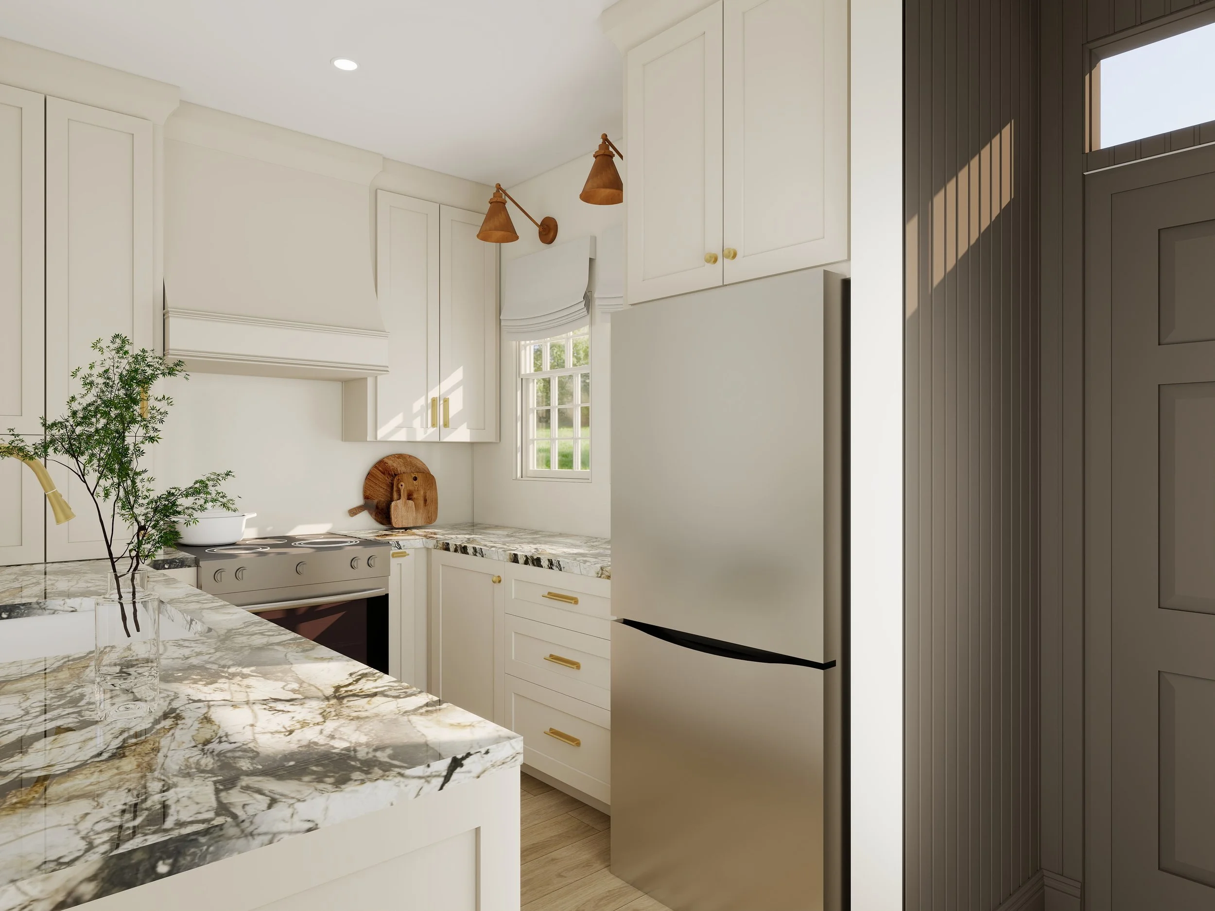 A modern kitchen with white cabinets, gold handles, a marble countertop, a small window, and a plant near the stove. There are two wooden wall-mounted lamps on the wall.