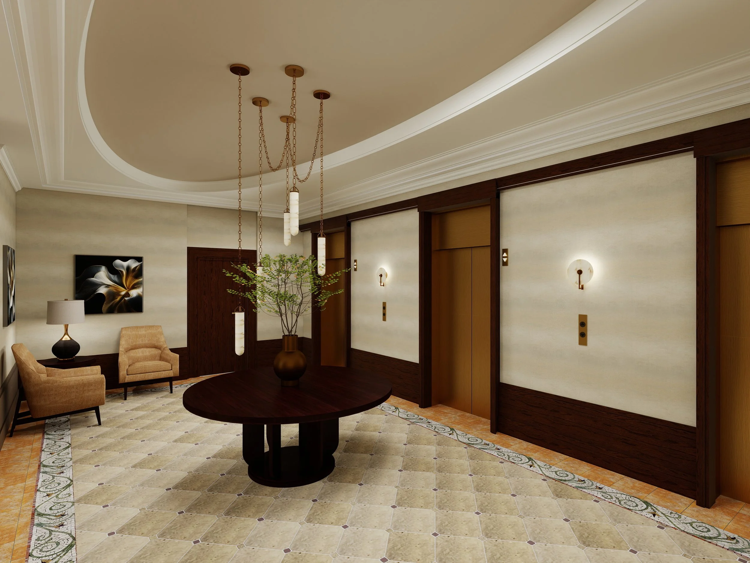 Lobby with three hanging pendant lights, potted plant, two armchairs, side table with lamp, and artwork on beige walls.