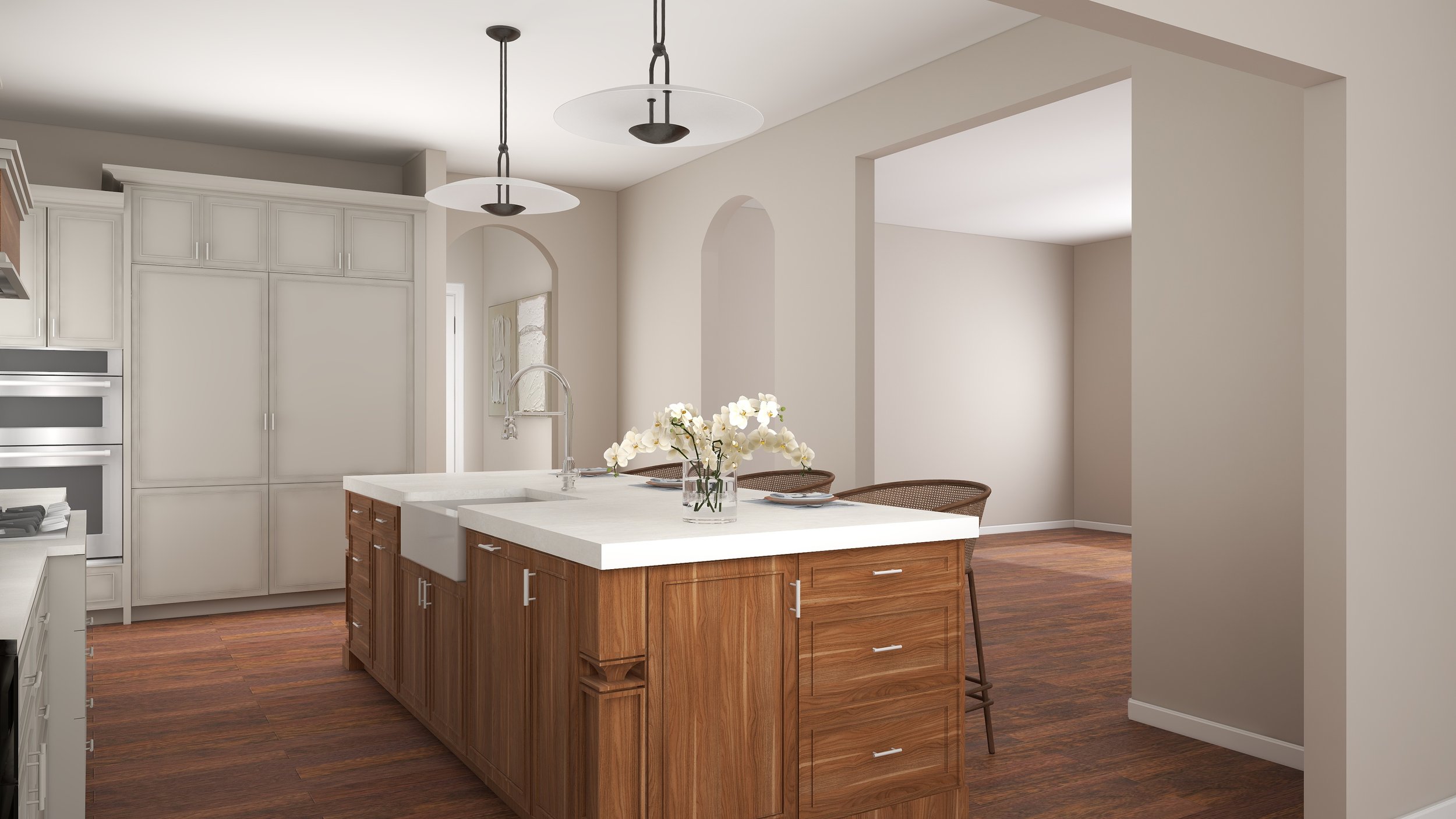 Modern kitchen with a wooden island, white countertops, and white cabinets, featuring a vase of white flowers on the island and warm wood flooring.