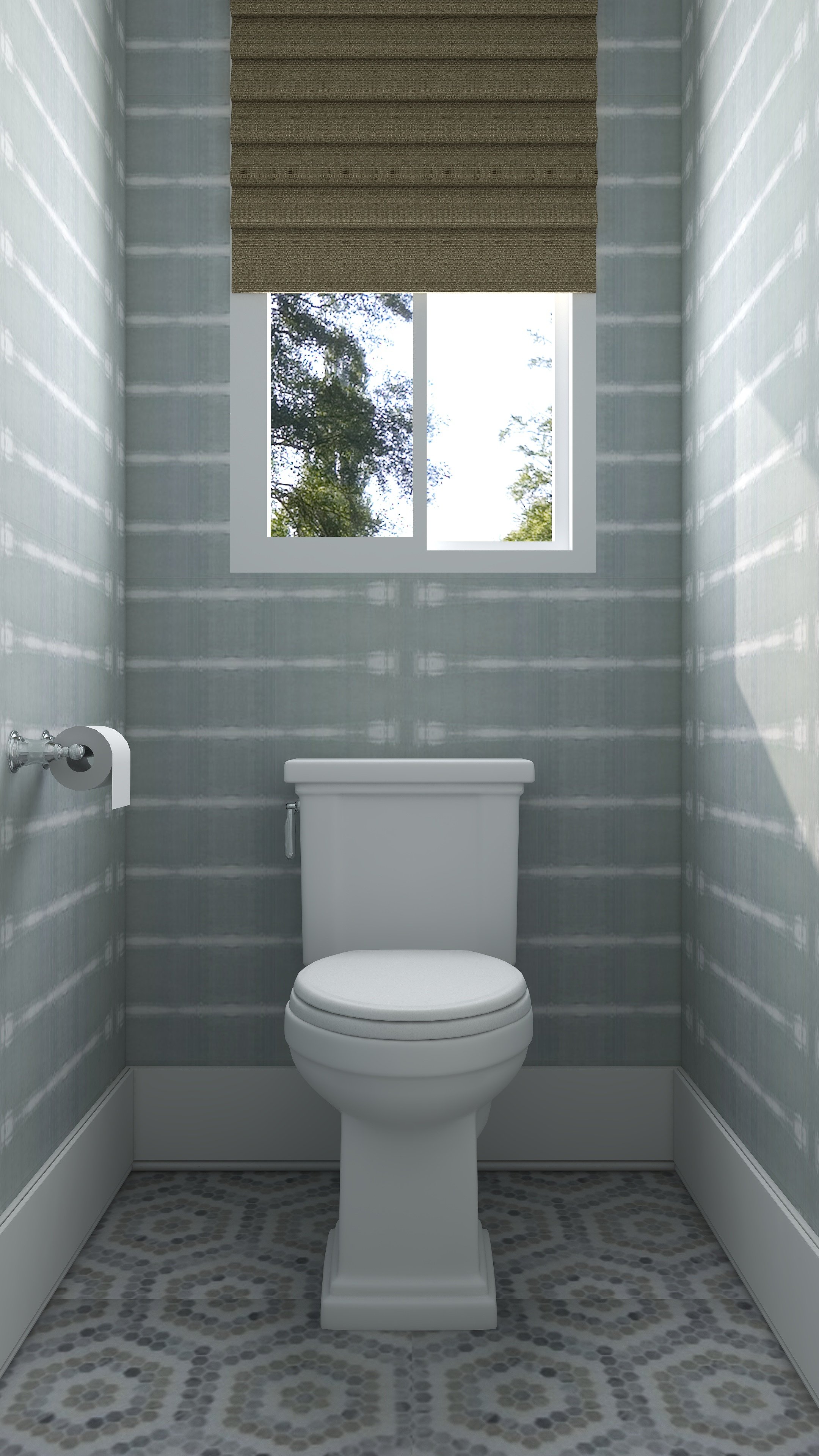 A small bathroom with light gray walls, a white toilet, a window with a view of trees, a brown window blind, and a patterned tile floor.