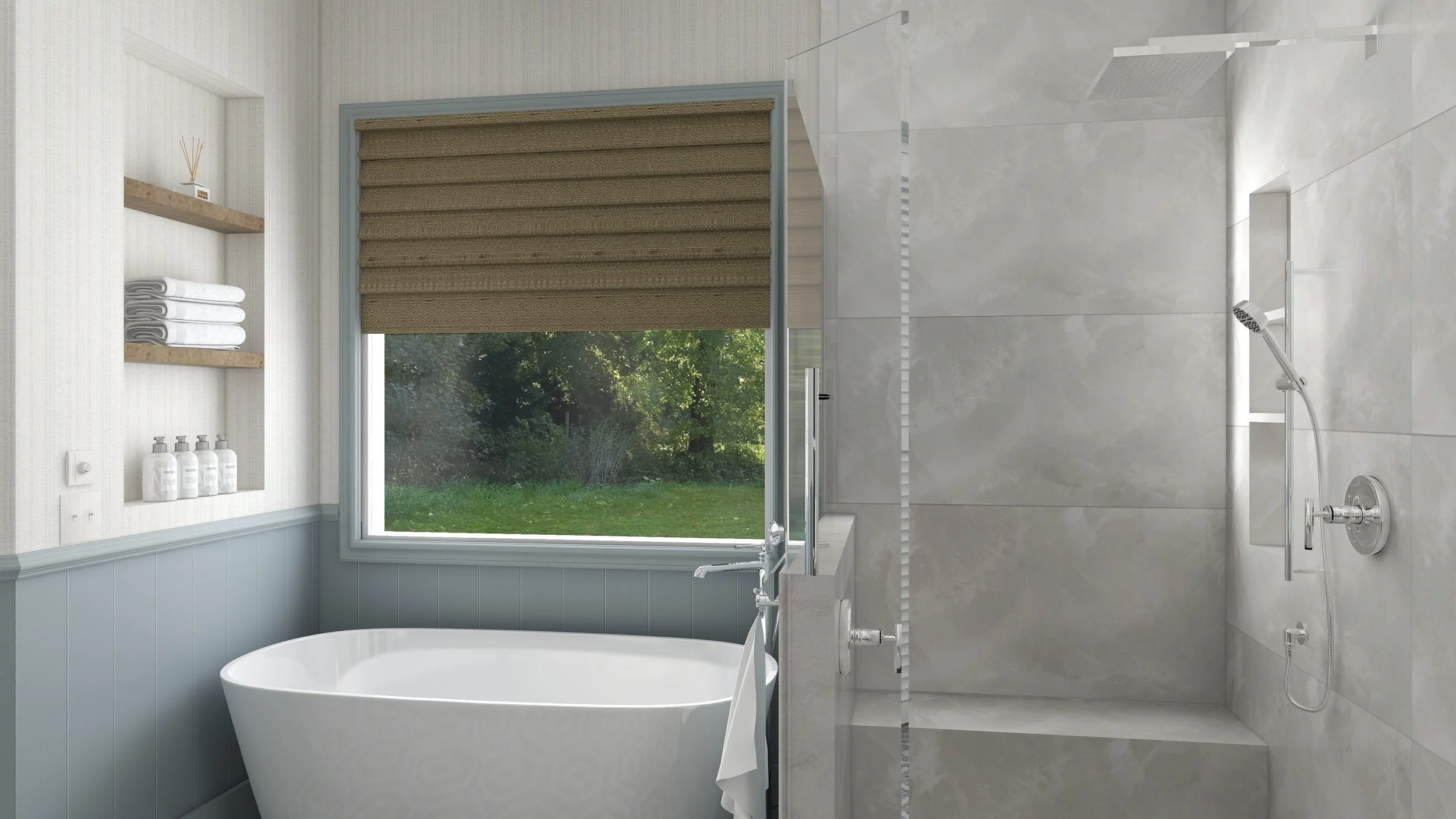 Modern bathroom with a large window, bathtub, and walk-in shower with rain showerhead. Shelves hold towels and toiletries.