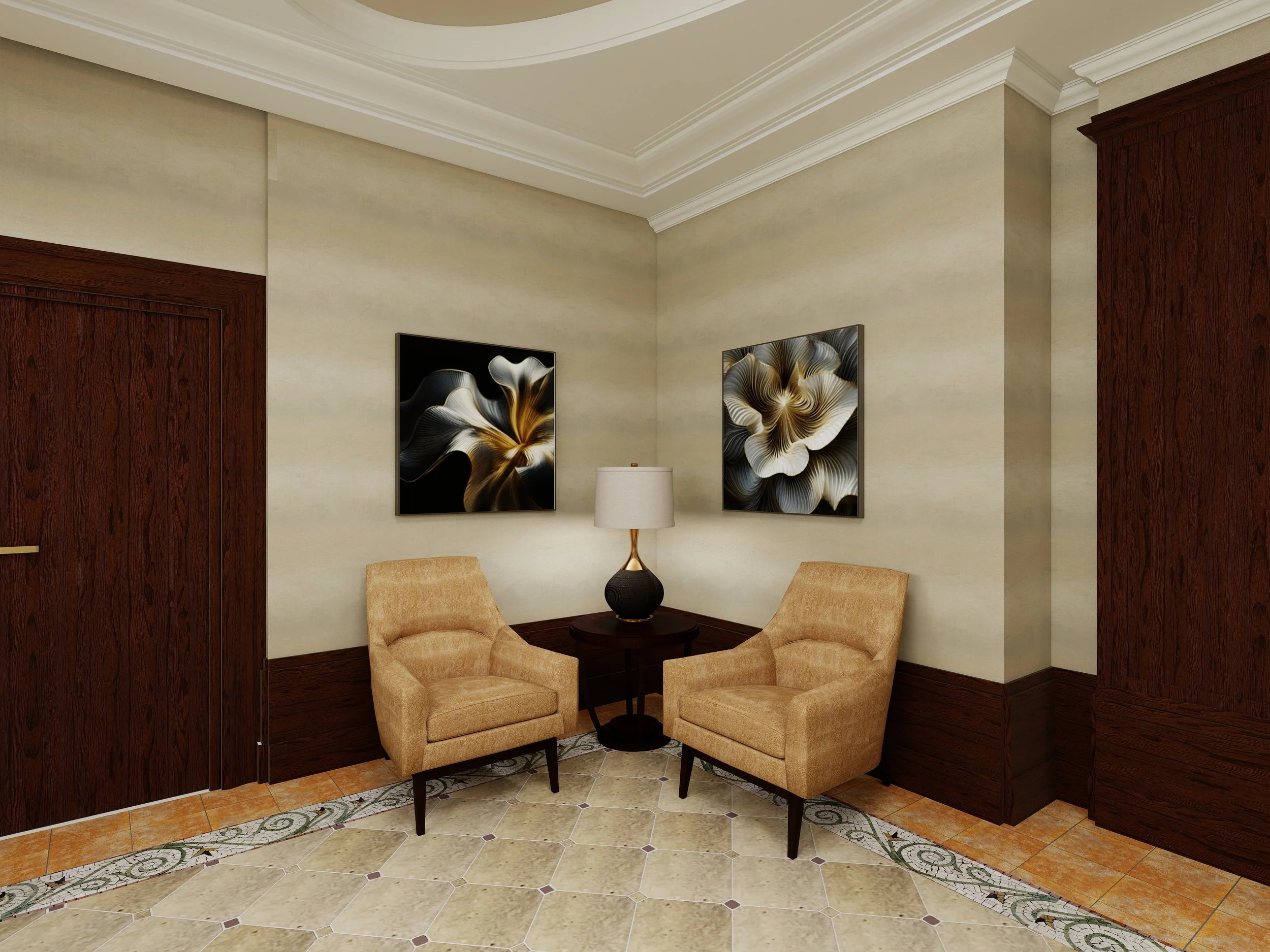 Living room corner with two beige armchairs, a small wooden table, a table lamp, artwork on the wall, and a tiled floor with a decorative border.