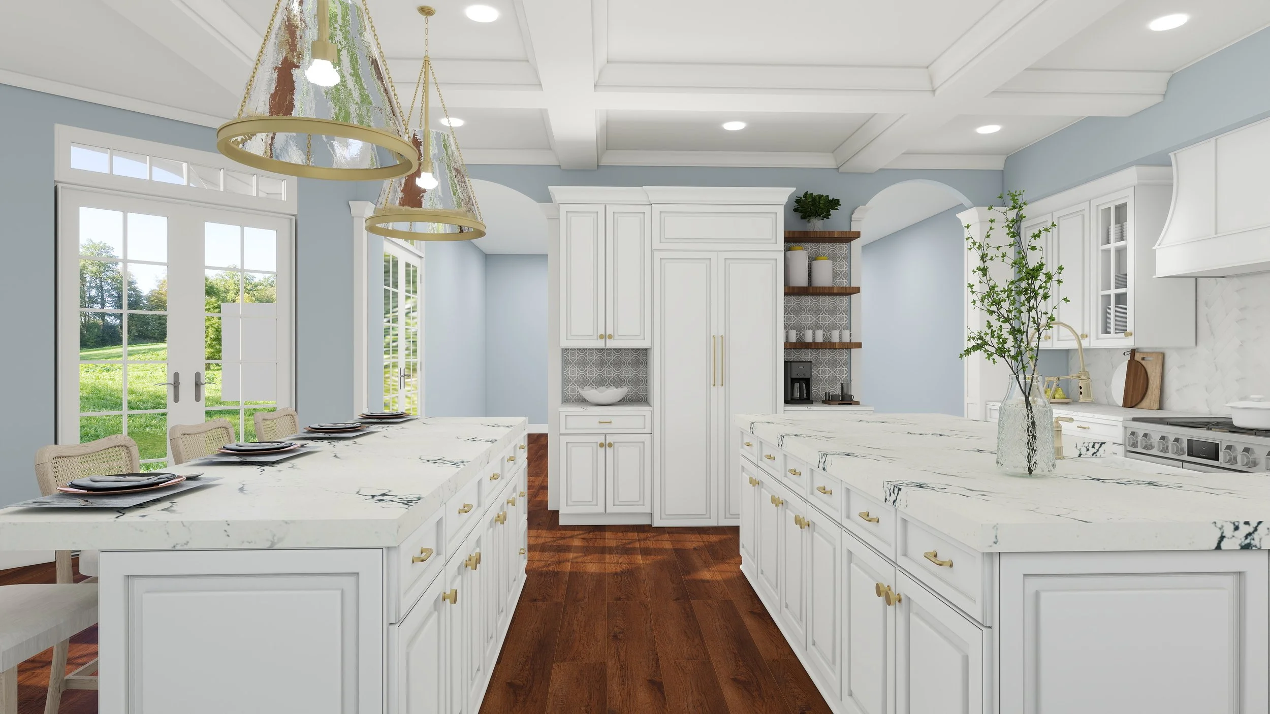 Modern kitchen with white cabinets, marble countertops, wooden flooring, and large windows providing natural light. Decor includes a glass vase with greenery, open shelves with pottery, and a double oven.