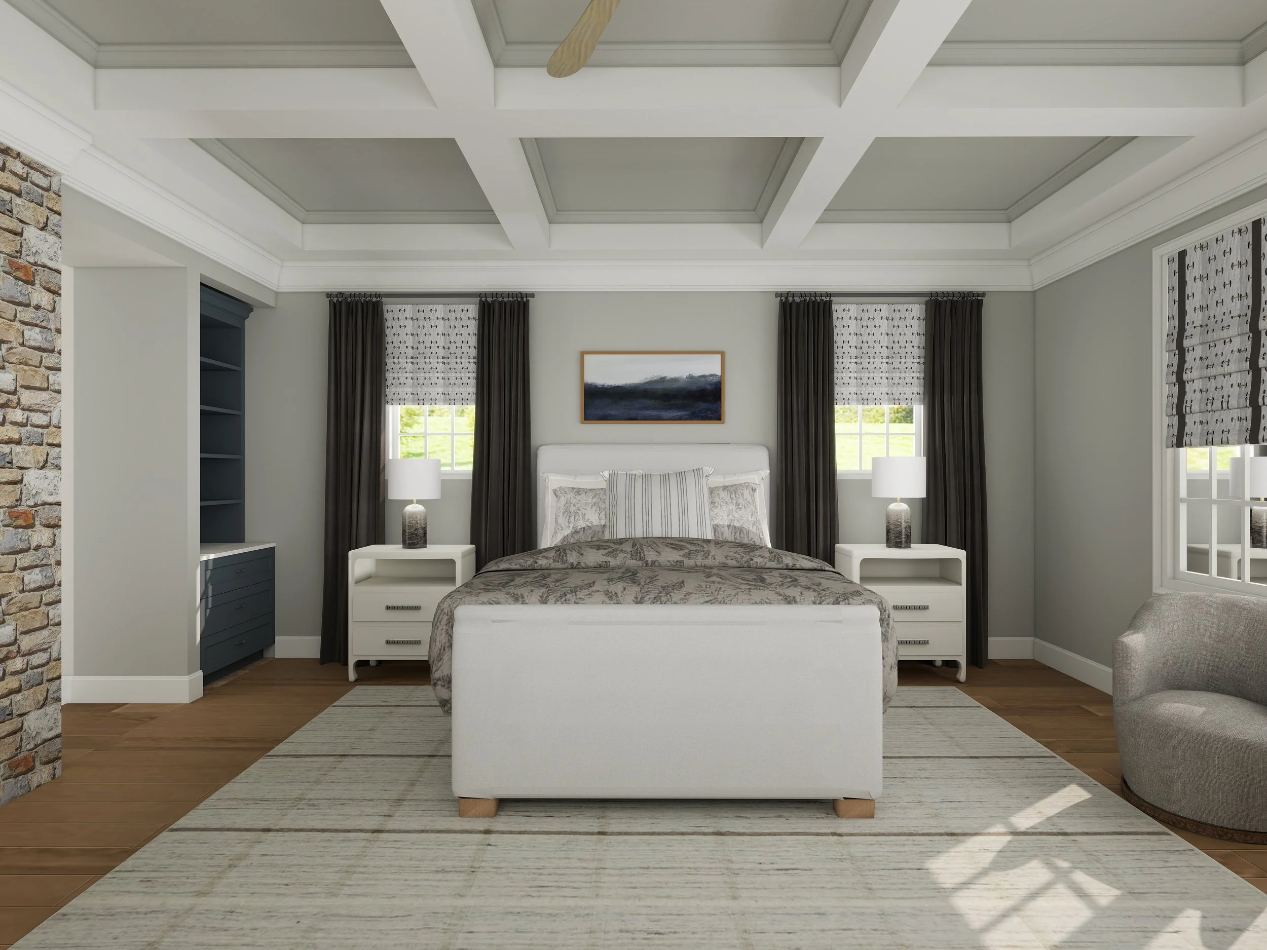 A cozy bedroom with a white bed, dark curtains, two nightstands with lamps, a painting on the wall, and windows showing green outdoors.