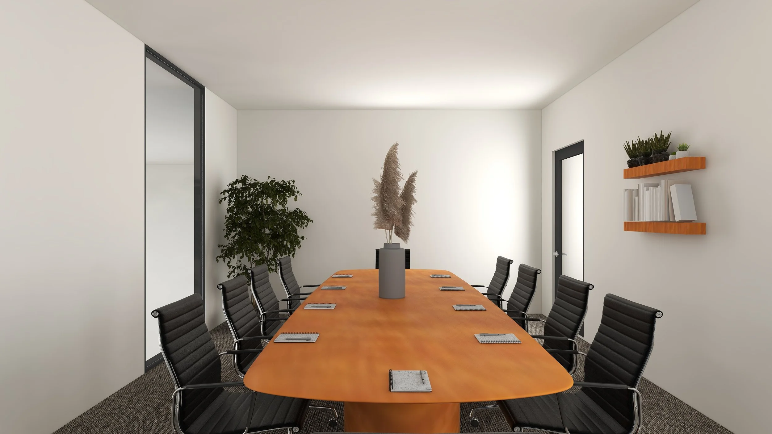 Modern conference room with a long wooden table, black leather chairs, and minimalistic decor including potted plants and wall-mounted shelves with books.