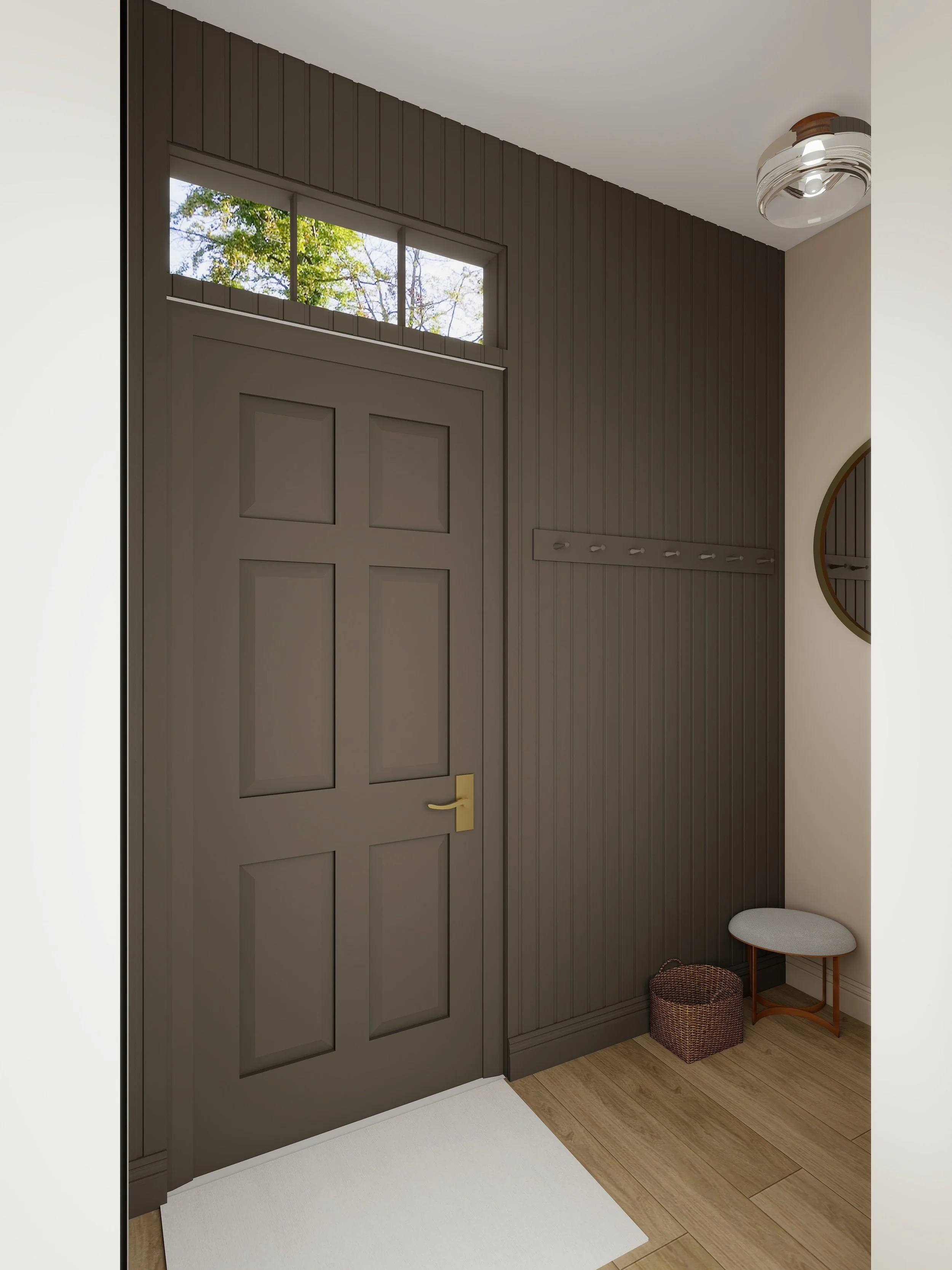 Interior entryway with dark brown paneled wall, gray door, round mirror, small stool, and woven basket.