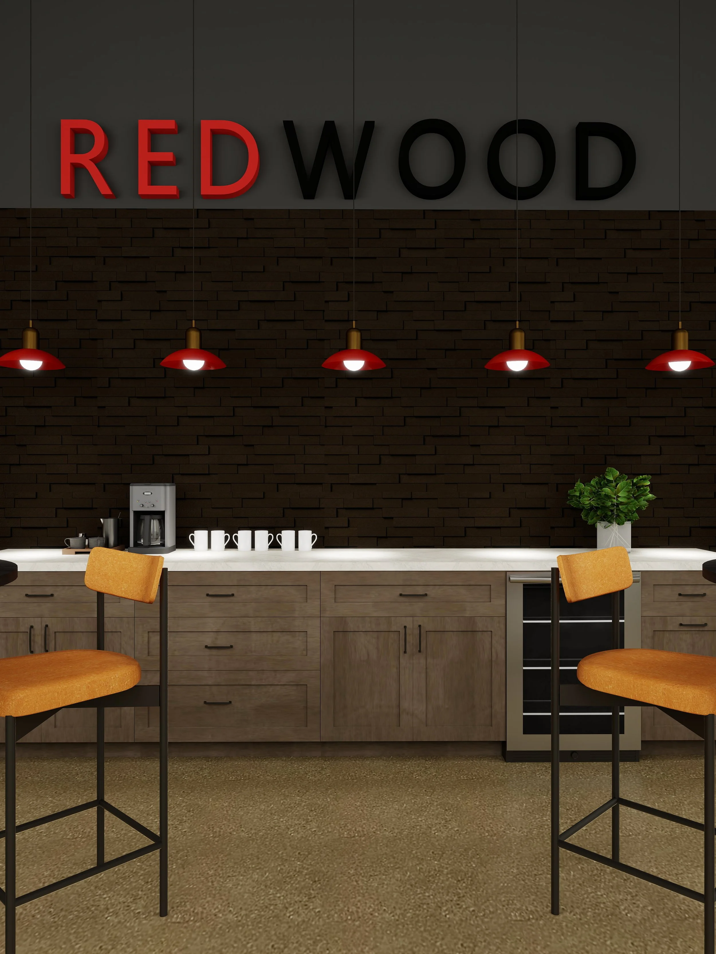 Interior view of a cafeteria or dining area with a dark brick wall, red and black signs spelling 'REDWOOD', pendant lights, a counter with a coffee machine, cups, and a potted plant.